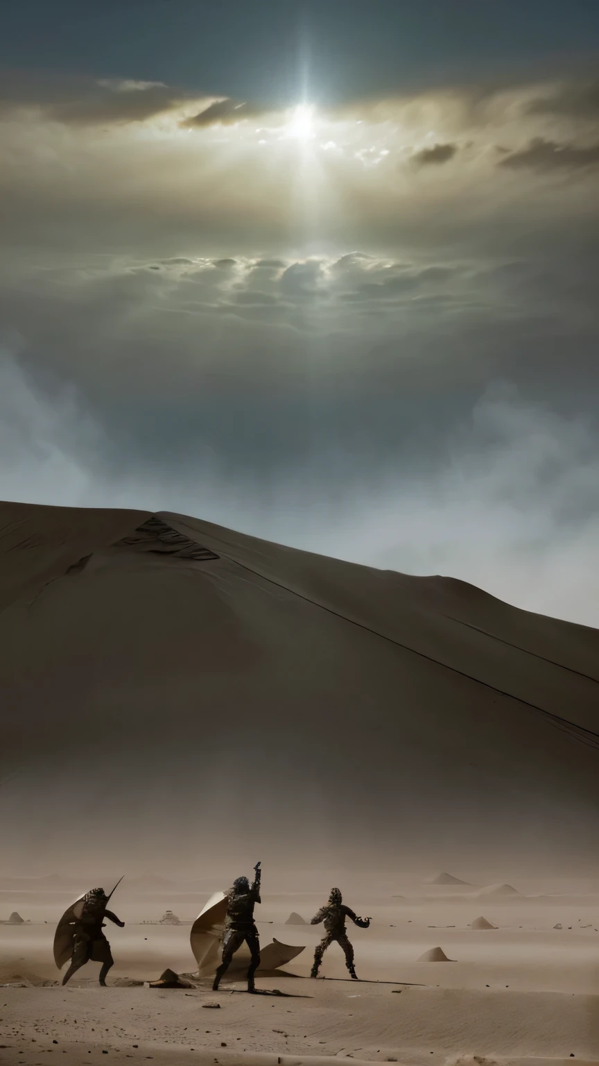As the battle reaches its climax, the Fremen emerge victorious, their enemies vanquished and their homeland secured. Against all odds, they have triumphed in the face of adversity, securing their place in history as heroes of Arrakis.Visual: The battlefield falls silent as the dust settles, revealing the triumphant figures of the Fremen warriors standing tall amidst the wreckage of their enemies. The sun breaks through the clouds, casting a warm glow over the scene as the Fremen celebrate their hard-fought victory.