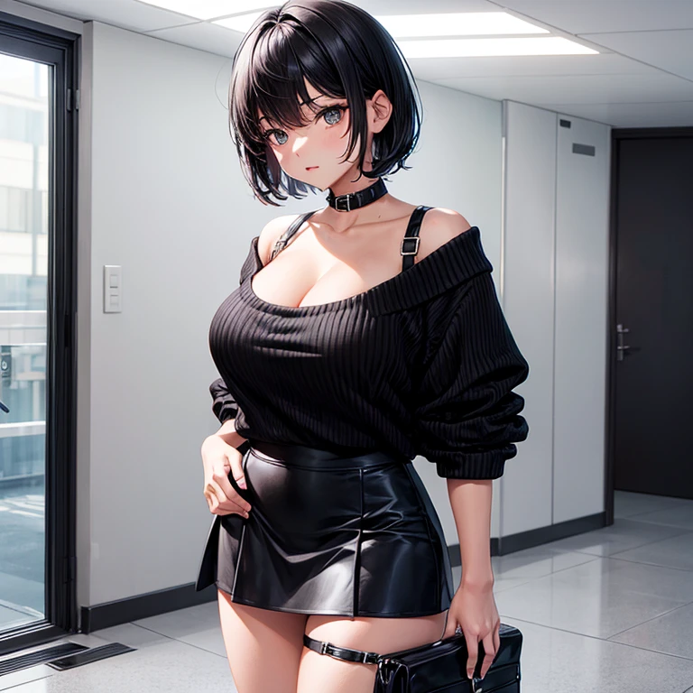 Woman dressed in black shirt, thoughtful look with very short black hair, light ray, beauty, hot, black panties, sexy, moan, fucked hard, wet, lying in the tower city, city skapes, amazing light.