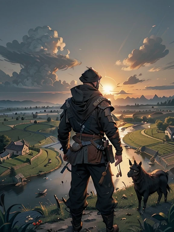 Cartoon style pictures ,(Europe),(Shooting from above),man,midnight,Overall black tone, 粗犷的farmer粗布, Medieval dilapidated countryside village,farmland,river,torch,horse,livestock,farmer,companion,Soldier,laboeld,farming,(Hood covers the head,In the shadows,Faceless,健壮的man, strong, shabby),dynamic poses, ((Turn your back to the camera,look into the distance,not looking at camera)),