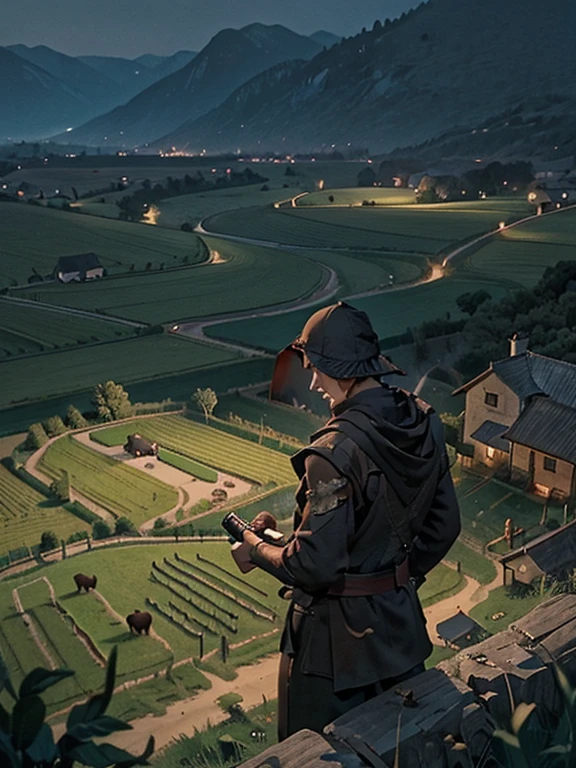 Cartoon style pictures ,(Europe),(Shooting from above),man,midnight,Overall black tone, 粗犷的farmer粗布, Medieval dilapidated countryside village,farmland,river,torch,horse,livestock,farmer,companion,Soldier,laboeld,farming,(Hood covers the head,In the shadows,Faceless,健壮的man, strong, shabby),dynamic poses, ((Turn your back to the camera,look into the distance,not looking at camera)),