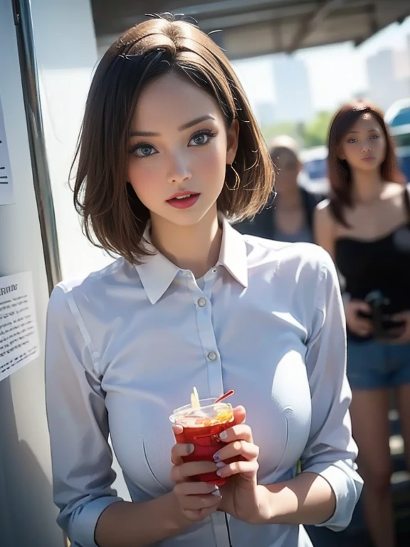 (best quality, 8k, highres, photorealistic:2.0), (solo, one girl:2.0),(photo taken using flash:1.9),(brighten the subject:1.8),(ultimate beautiful girl:2.0),(shiny skin),(oily skin),(blonde hair:1.5),(short hairstyle:1.5),(cool beauty:2.0),Blush brown makeup , dark eye makeup , use pink glossy lipstick,(big beady eyes girl:1.5),(droopy-eyes girl:1.5),(blue eyes:1.5),(thin girl:1.5),(baby face girl),(sex appeal),(sweet smelling girl),(Photographed at the Museum of Modern Art:1.8),(A girl who works part-time at an art museum:1.3),(she works for low wages:1.5),(kind-hearted woman:1.5),(she has a nice smile:1.3),(woman with a happy look:1.3),(she is very sociable),(from a very poor family:1.5),(virgin girl),(She is a secret pervert.),(she covertly lewd),(she looks so erotic),(Preserve virginity for devout Christians),chuuChloe,(A woman with very soft breasts),(woman fantasizing about sex),(allurement),(I love masturbating),(impressive eyes:1.5),(clean girl),(affability),(dress shirt),(long tongue)