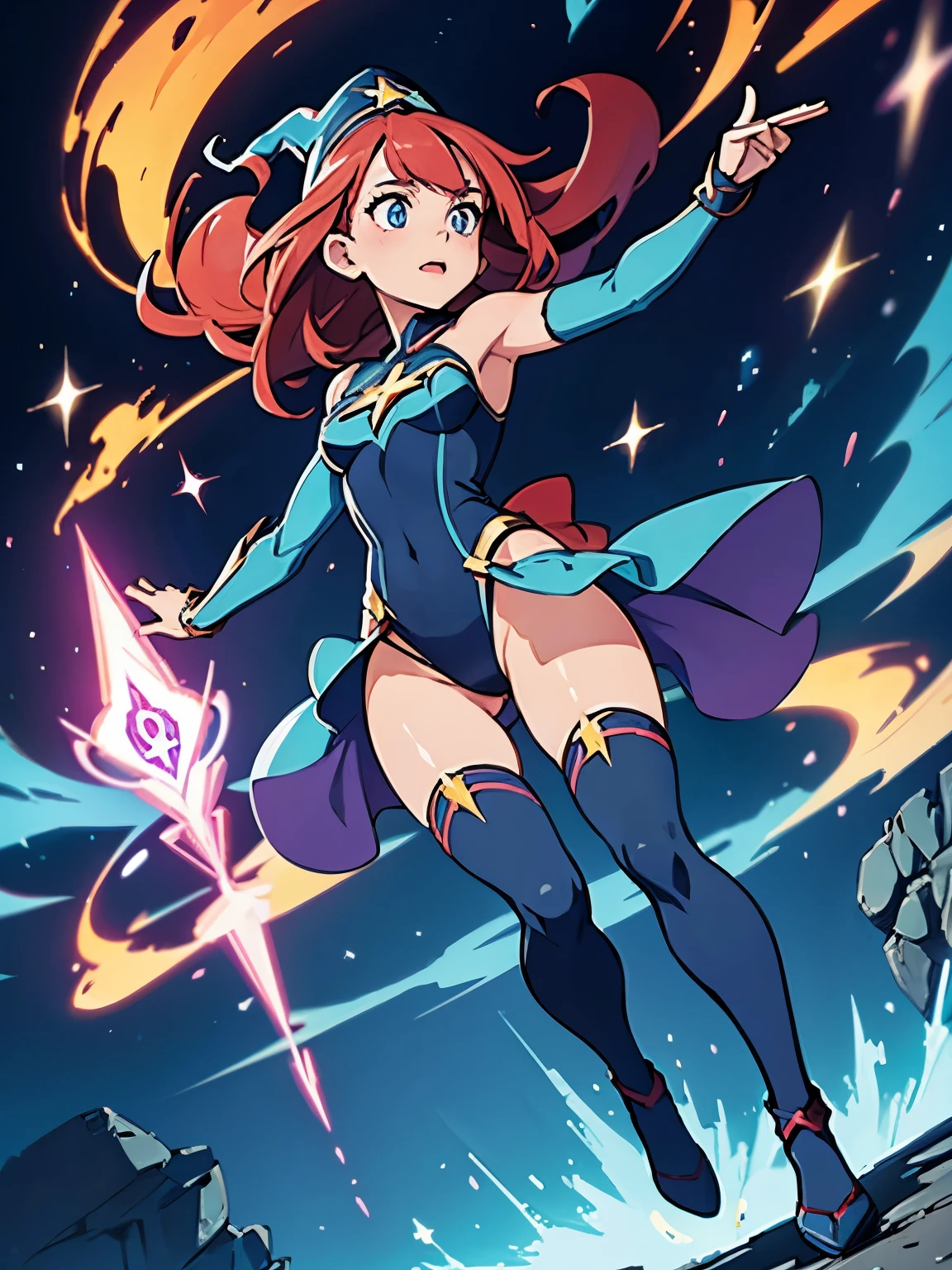 a cartoon of a woman dressed in a superhero costume holding a wand, witch academia, superhero sorceress witch, glamorous angewoman digimon, sky witch, by Aguri Uchida, maya ali as a lightning mage, (leotard, bare legs, thighhighs), witch hat, red hair, blue eyes, age 16-18, solo, solo_foucs, fan art, official fanart, official concept art, ecchi anime style, wonder, fanart, concept art!!