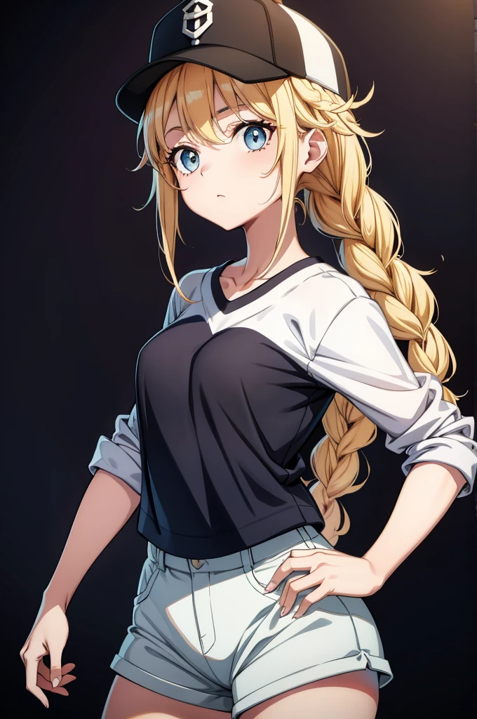 (((grayscale)))(masterpiece, 1.2, best quality), (graffiti wall:1.15), super fine illustration,vibrant colors, masterpiece, sharp focus, best quality, depth of field, cinematic lighting,ultra detaile,1girl, masterpiece, best quality, detailed eyes, detailed background, ,blonde hair, light smile, blush, green eyes, tight crop top, microskirt, sitting on stairs, from side, hand on own hip, pointing at viewer, one eye closed, ,Eiko Tsukimi, blue eyes, braid, twin braid,(((blonde hair))),baseball cap,Eiko Tsukimi, blue eyes, braid, twin braids, blonde hair, semi long hair