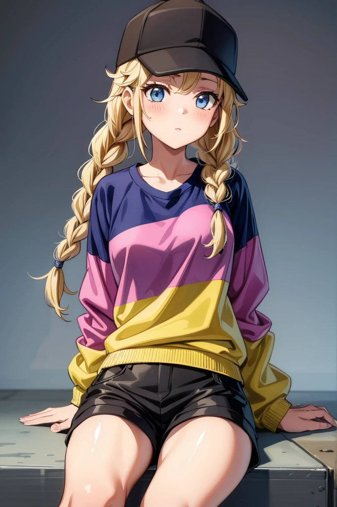 a girl in baseball hat painting, while wearing shorts and a sweater, 1girl, solo, hat, blonde hair, blue eyes, braid, baseball cap, jacket, shorts, shirt, twin braids, black shorts, long hair, black headwear, multicolored clothes, multicolored jacket, looking at viewer, breasts, white shirt, open jacket, open clothes, blush, simple background, sitting
