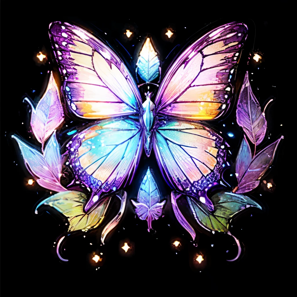 Butterfly, white background, neon butterfly, sticker, purple butterfly, graceful butterfly, Glass butterfly, elaborate butterfly, blue butterfly, cool colors.