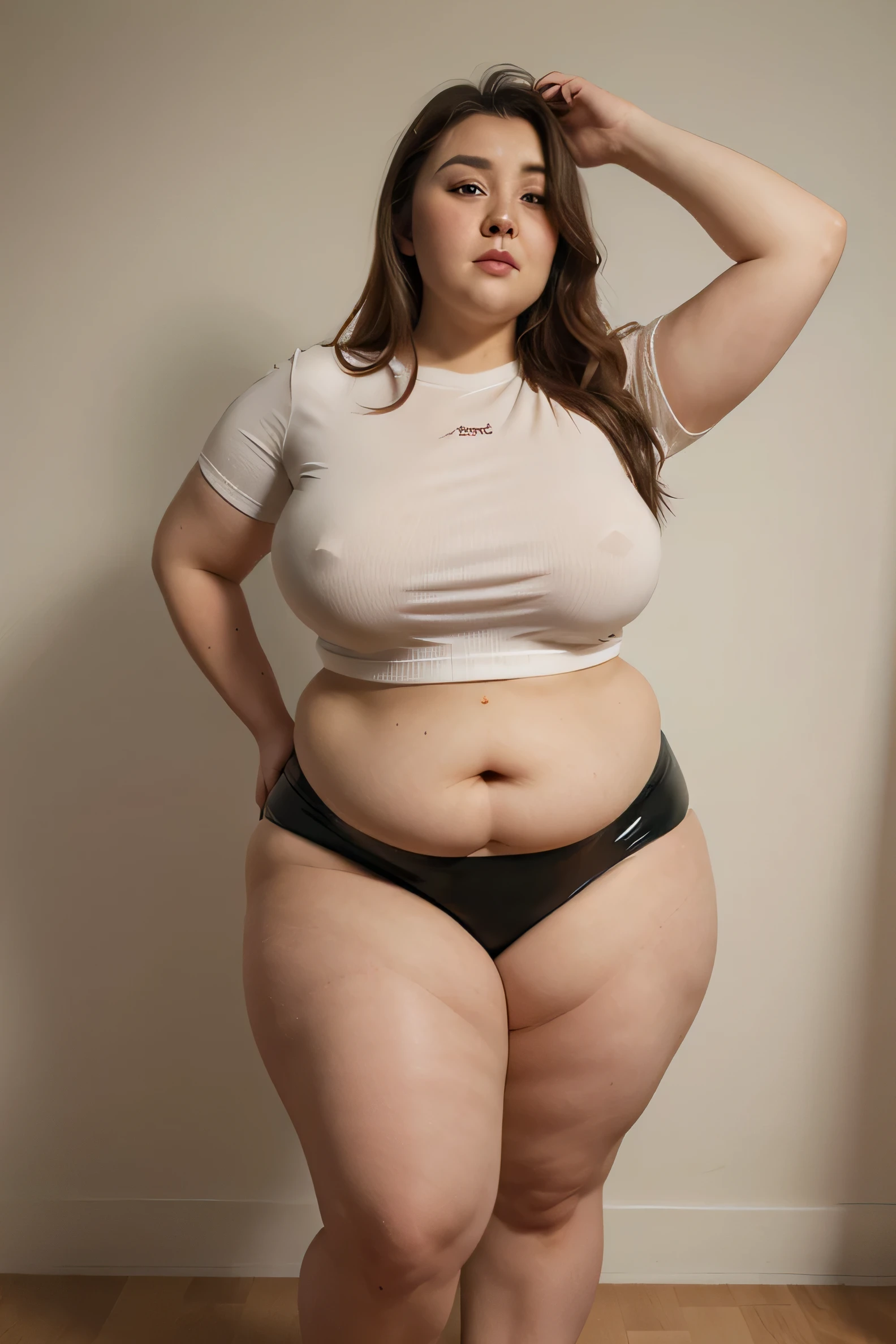 ((best quality)), ((masterpiece)), (detailed), ((full body shot)), perfect face, woman wearing white t-shirt, (black latex skirt)!!, beautiful alluring chubby woman, seductive cute girl, detailed chubby body, massive hips and belly, [ 4 k digital art ]!!, chubby goddess, detailed realistic art, chubby thighs, chubby massive arm, chubby cheeks with dimples, vhubby face, chubby massive thighs, chubby legs, HD, massive hips, massive belly, full body angle