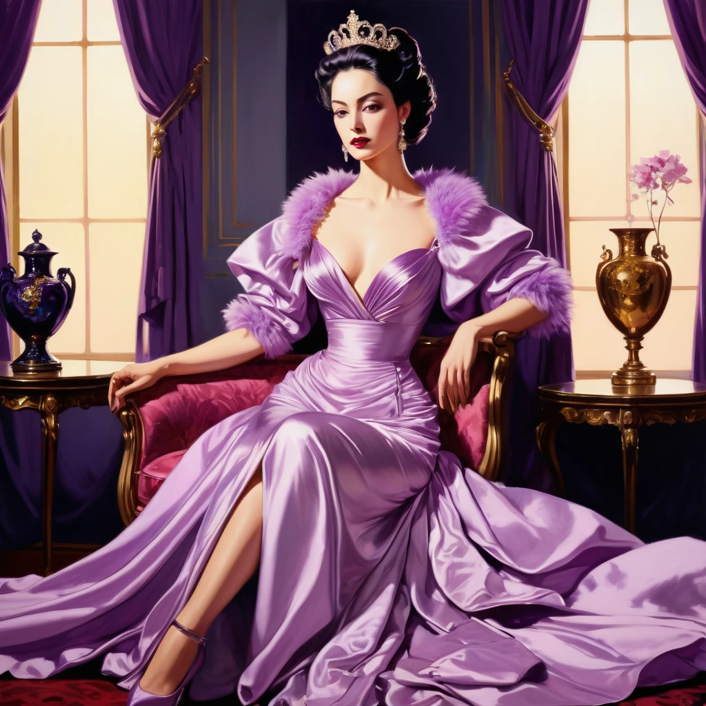 chiaroscuro technique on sensual illustration of an elegant queen , vintage ,silky dress, matte painting, by John Singer Sargent, by Harumi Hironaka, extremely soft colors, vibrant, pastel, highly detailed, digital artwork, high contrast, dramatic, refined, purple and yellow tonal, an intimate, seductive studio setting with a focus on sensuality and romance. Utilize soft, warm lighting that bathes the space in a gentle, inviting glow. Incorporate luxurious fabrics, plush furnishings, and a touch of decadence to evoke an opulent ambiance. The scene should exude an air of serenity and anticipation, inviting the viewer into a sensual and romantic space