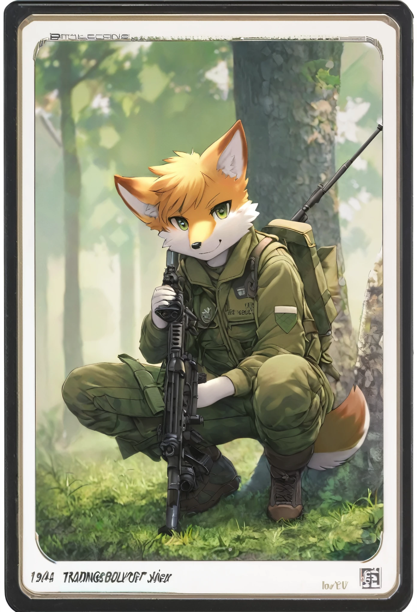frame of trading card, UI Marks on the upper right and left bottom of the cygames style card.dark and green tone. 14 years old small anthro kemono fox Scout is crouching behind a tree and aiming his sniper rifle at a distant target. He is dressed in a camouflaged jacket and pants,with a bulletproof vest. meticulous post-war military scenes, soft-focus technique