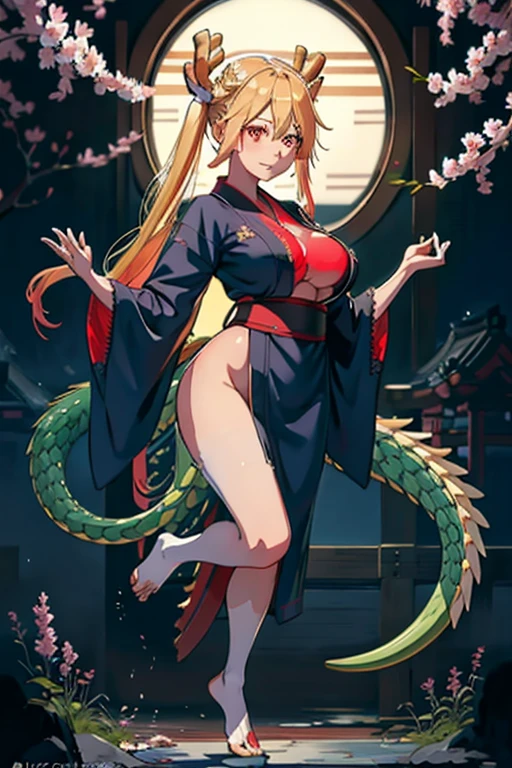 TohruDM, WTail, 1girl, full body, Woman body set big breasts, Stretch meat, kimono, obi, black kimono, red obi, wide obi, cleveage, busty, big, no panties, no bra, beautiful alluring anime woman, seductive anime girl, artwork in the style of guweiz, japanese dress, trending on cgstation, guweiz on pixiv artstation, with ancient japanese clothes, blond hair, smiling, dragon tail, happy girl, 2 hands only, sakura blossoms, cherry flowers, cherry blossoms, cherry tree, cherry tree in background, covered breasts