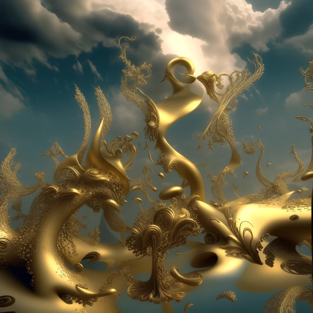 in the middle of the blue sky there is a very large golden sculpture, Stunning fantasy 3D rendering, surreal scene, Golden clouds, 1 6 6 7. mandel light bulb 3 d, 3D light bulb, 3D light bulb fractal, mandel light bulb 3 d, 4d mandelbulba psychedelics, mandel light bulb 3d, mandel light bulb 3d fractal