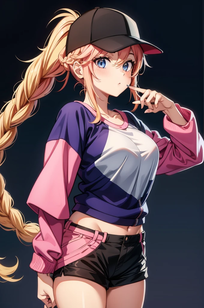 a cartoon female figure with red and pink hair and a baseball cap, 1girl, solo, hat, blonde hair, shorts, black shorts, blue eyes, braid, shirt, baseball cap, jacket, long hair, black headwear, white shirt, twin braids, looking at viewer, simple background, multicolored jacket, breasts, multicolored clothes, short shorts, blush