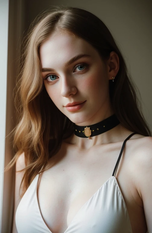 Beautiful western woman with pale skin, 24 year old female model, 17 - year - old girl, attractive girl, very pale skin, pale beauty, sexy gaze, instagram model, photo, rule of thirds, dramatic lighting, medium hair, detailed face, green eyes, black hair, detailed nose, woman wearing tank top, collar or choker, smirk, realism,realistic,raw,analog,woman,portrait,photorealistic,analog,realism perfect breast full nude