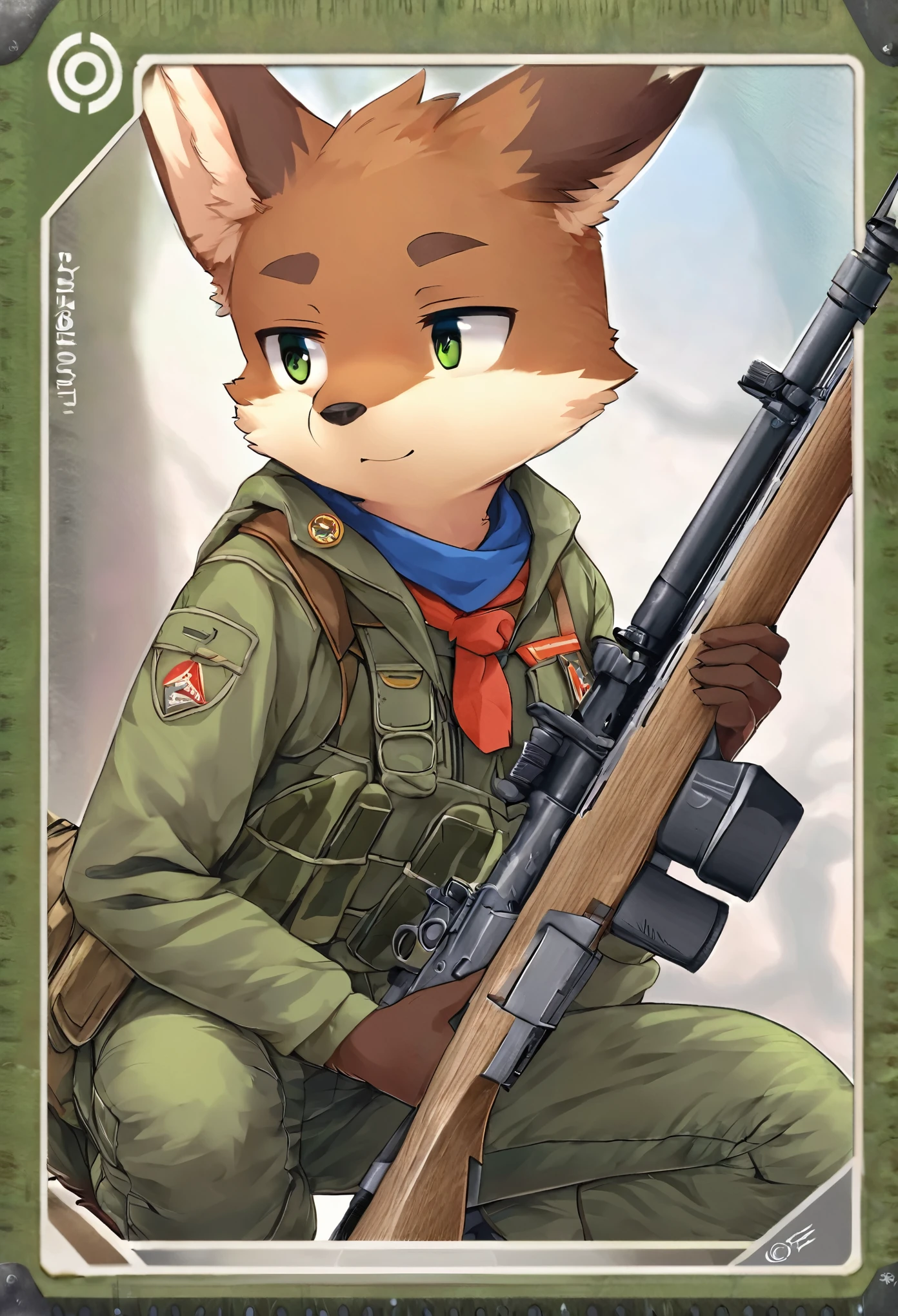 frame of trading card, UI Marks on the upper right and left bottom of the cygames style card.dark and green tone. small anthro kemono fox Scout is crouching behind a tree and aiming his sniper rifle at a distant target. He is dressed in a camouflaged jacket and pants,with a bulletproof vest. meticulous post-war military scenes, soft-focus technique