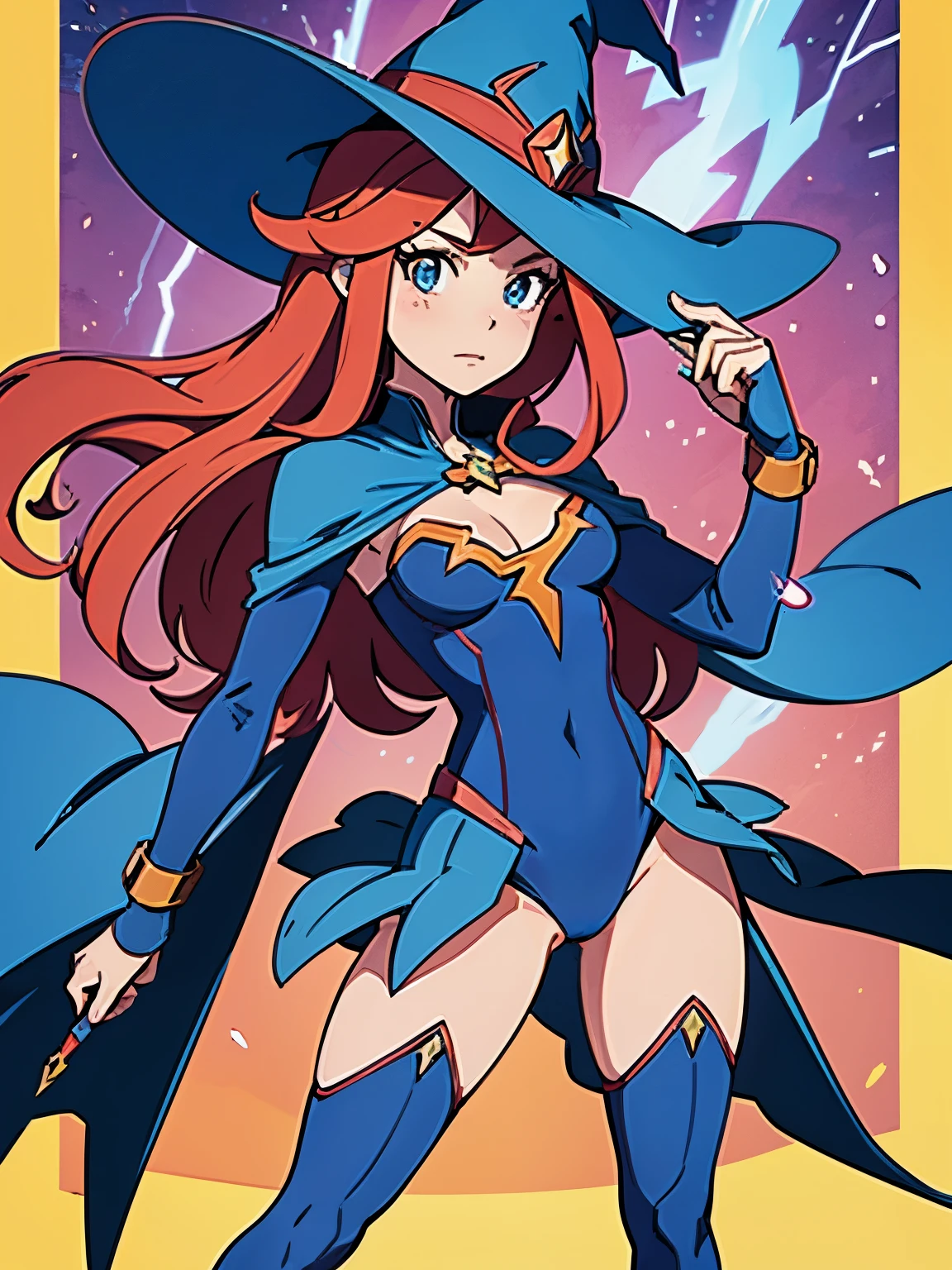 masterpiece, high quality, best quality, beautiful, hd, perfect lighting, detailed face, detailed body, 1 woman, (milf), solo, (red long hair), yellow eyes, big breasts, ((blue wizard hat)), ((blue wizard cape), (ice magic), smile, (white underwear)), sexy pose, sexy face,