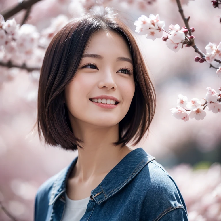 The eyes of a beautiful Japanese woman in her thirties with short hair wearing a dark blue long-sleeved cotton shirt and jeans pants looking up at the cherry blossoms in full bloom in a park at night and smiling. Focal length 100mmf/2.8, spring night, park with no other people, cherry blossoms and lawn in full bloom, profile looking up at the cherry blossoms, well-shaped features, short hair, a natural smile that is different from modeling, toned body, dark blue long sleeves Cotton shirt, jeans pants, close-up of eyes, realistic feeling, 8K image quality, highest quality.