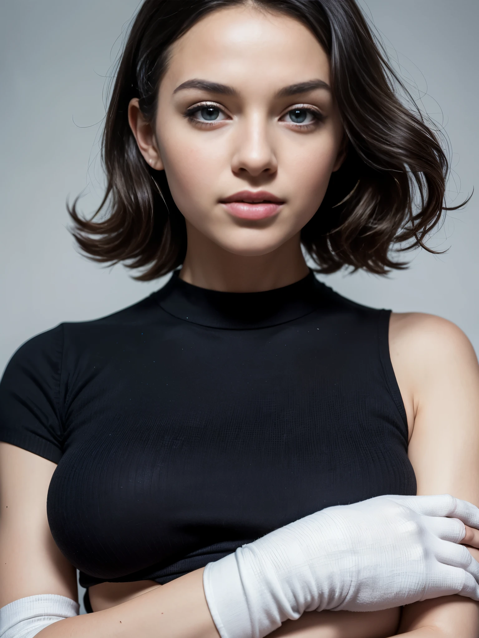 (best quality, high-quality), (masterpiece:1.2, portrait, 4k full HD), japan girl, cute appearance, very black hair, short hairstyle, blue eyes, full lips, laughs very hard, huge breasts, wide hips, narrow waist, very pale skin, thin, full length, white stockings, against a very white background, ((retro)) (most detailed photography, HD wallpaper), ((photo art by dubnitskiy david ))