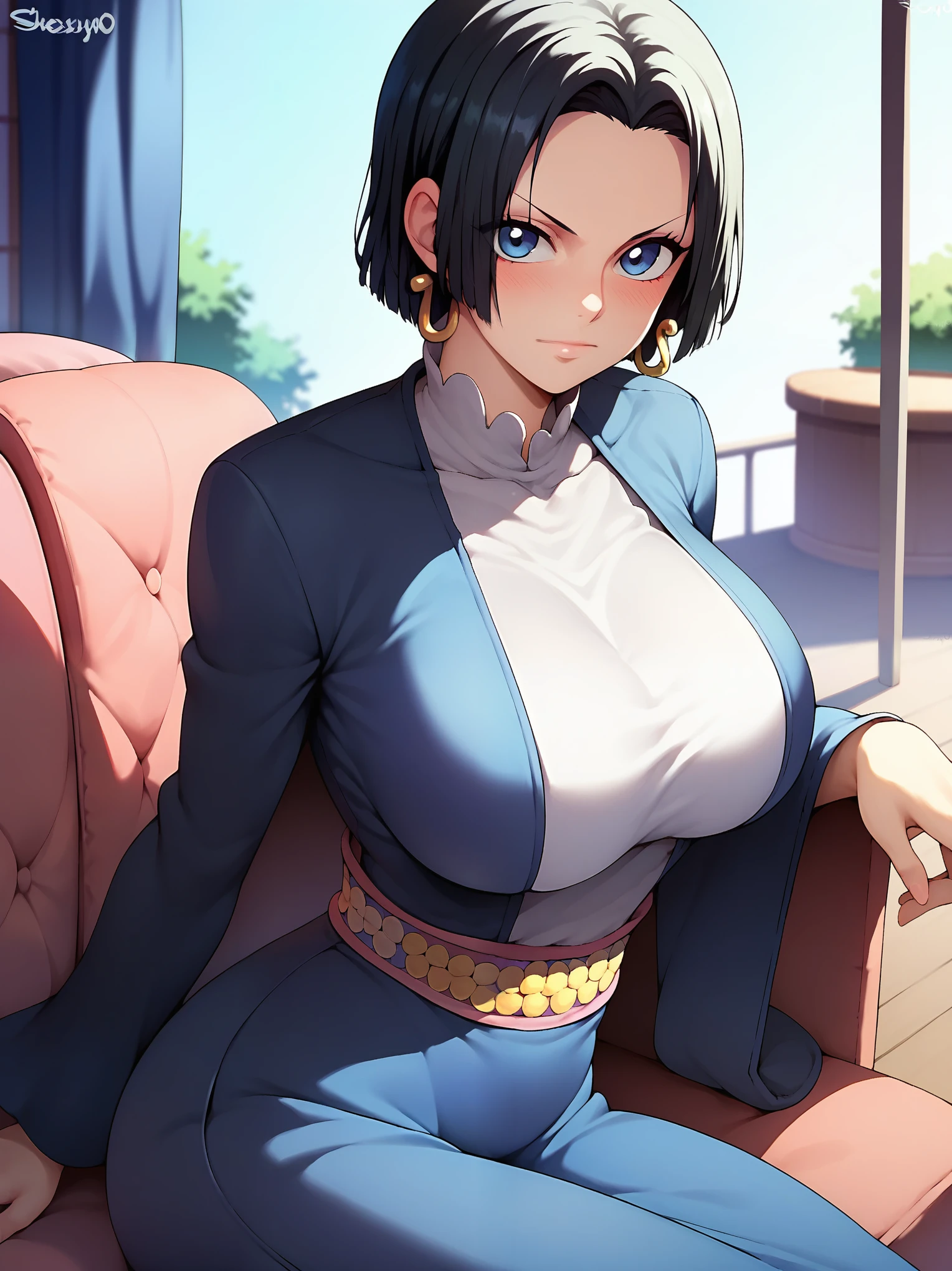 score_9,score_8_up,score_7_up,rating: general,1girl,solo, short hair,breasts,looking at viewer,blush,large breast, black hair, closed mouth,shexyo, shexyo style, boa hancock, couch, balcony, fancy couch, white couch, one piece, 