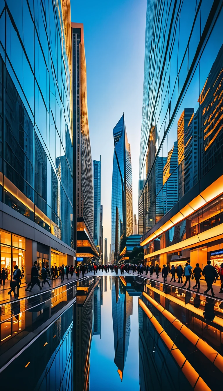 sharp focus, vibrant colors, bustling streets, busy traffic, people walking and shopping, reflection in windows, modern architecture, one huge geometric shape skyscraper reaching the sky,(huge geometric shape:1.5) busy city life, urban energy, vibrant atmosphere, clear blue sky, golden hour lighting.