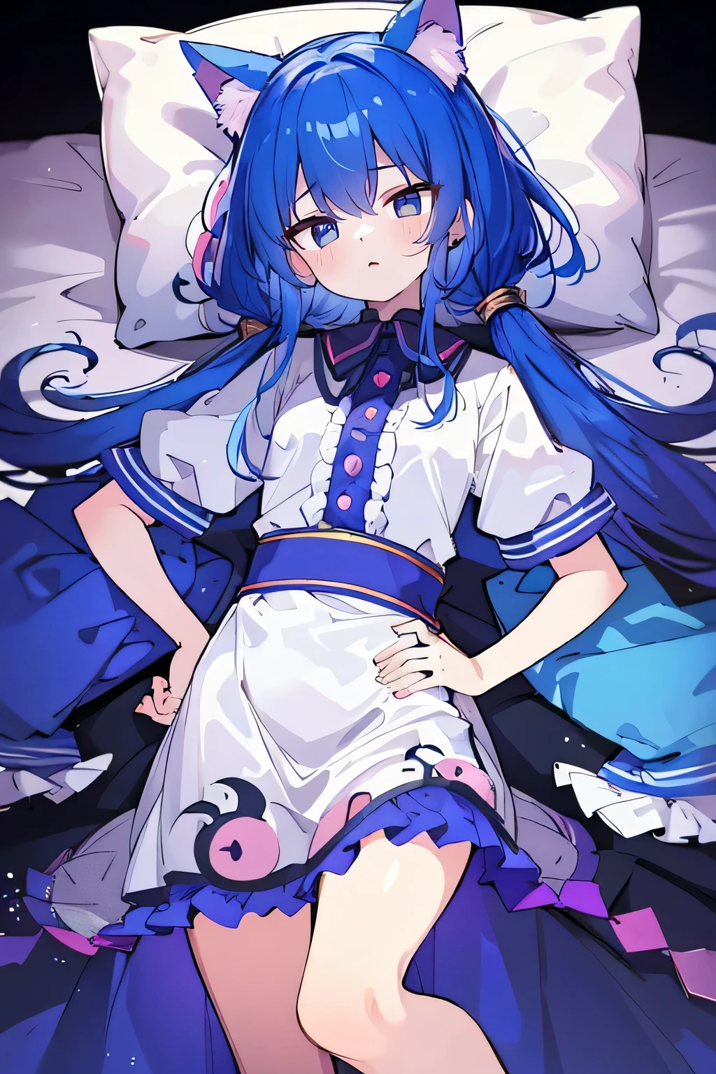 (Masterpiece), best quality, expressive eyes, perfect face, 1girl,
Put your hands on your waist, fair, gorgeous, Japanese comics, girl, Lola, young angel, blue hair, blue hair, flowing clothes, hug the waist, hug the waist, hands on hips, hands on hips, lay down , lying on the ground, legs on the ground, flat chest, cat ears,dark blue eyes,