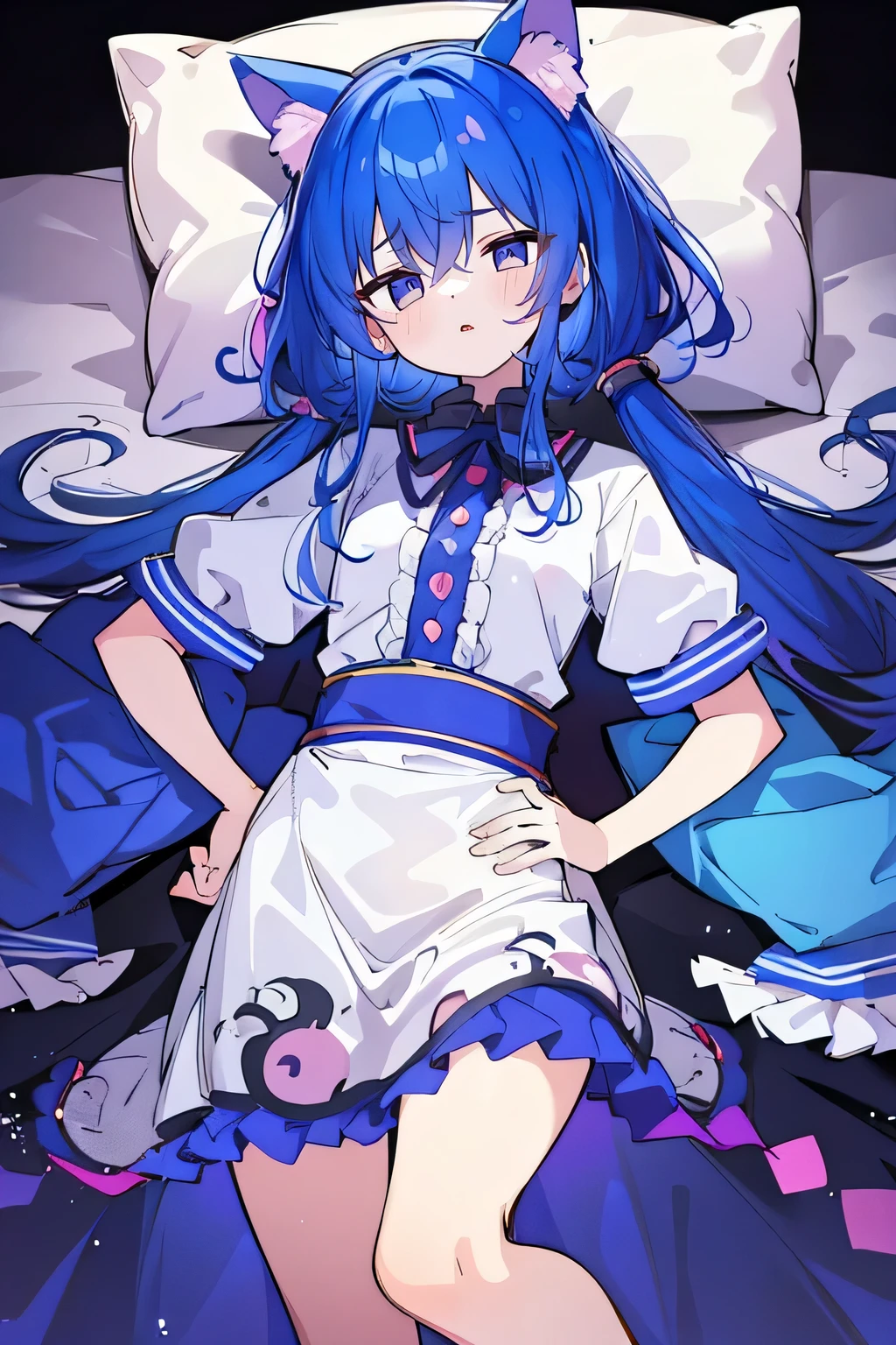 (Masterpiece), best quality, expressive eyes, perfect face, 1girl,
Put your hands on your waist, fair, gorgeous, Japanese comics, girl, Lola, young angel, blue hair, blue hair, flowing clothes, hug the waist, hug the waist, hands on hips, hands on hips, lay down , lying on the ground, legs on the ground, flat chest, cat ears,dark blue eyes,