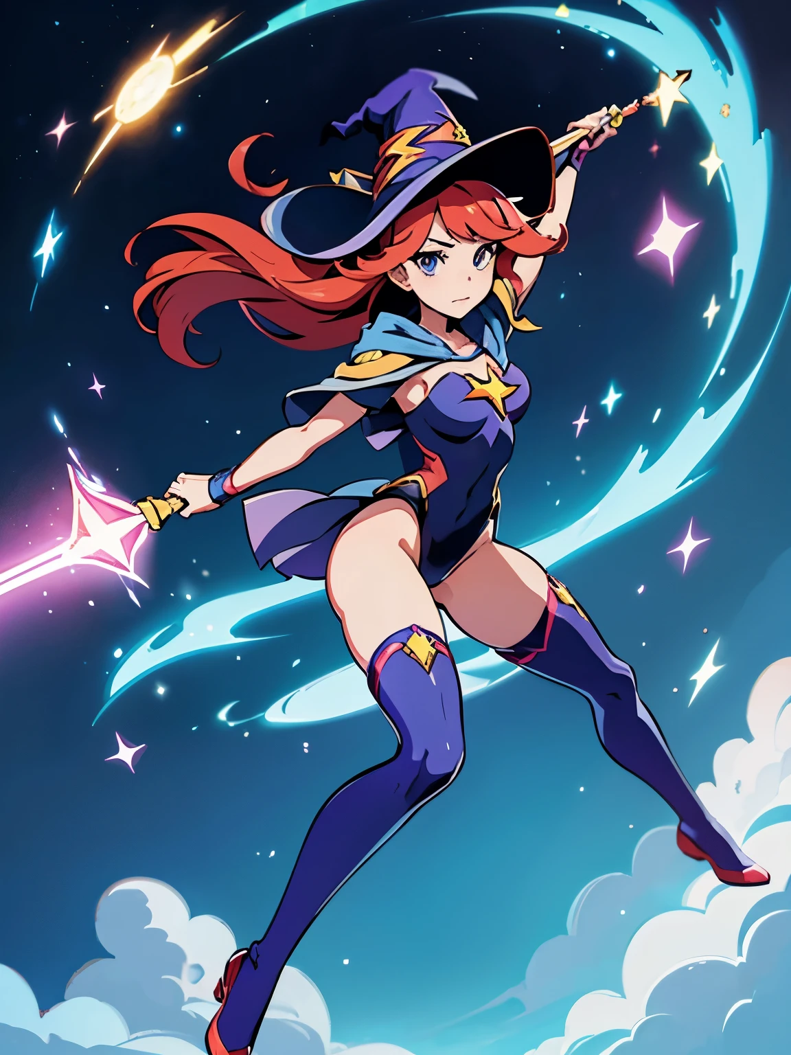 a cartoon of a woman dressed in a superhero costume holding a wand, witch academia, superhero sorceress witch, glamorous angewoman digimon, sky witch, by Aguri Uchida, maya ali as a lightning mage, (leotard, bare legs, thighhighs), witch hat, red hair, blue eyes, -18, solo, solo_foucs, fan art, official fanart, official concept art, ecchi anime style, wonder, fanart, concept art!!