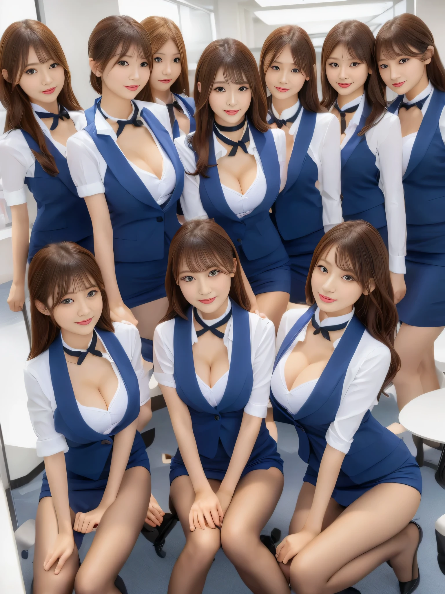 (group photo, multiple girls, Cute Japanese woman with perfect body, 6 girls), (office ladies),  (masterpiece, high quality:1.2), big breasts, Office Suits, (smile), (office), highly detailed face, navy suit、break, ((black choker, big breasts, blue eyes)), uniform, smile、bangs, Bright white skin, grace, Transparent air, (8k RAW photo:1.1), Natural light, 6Women, Japanese idol