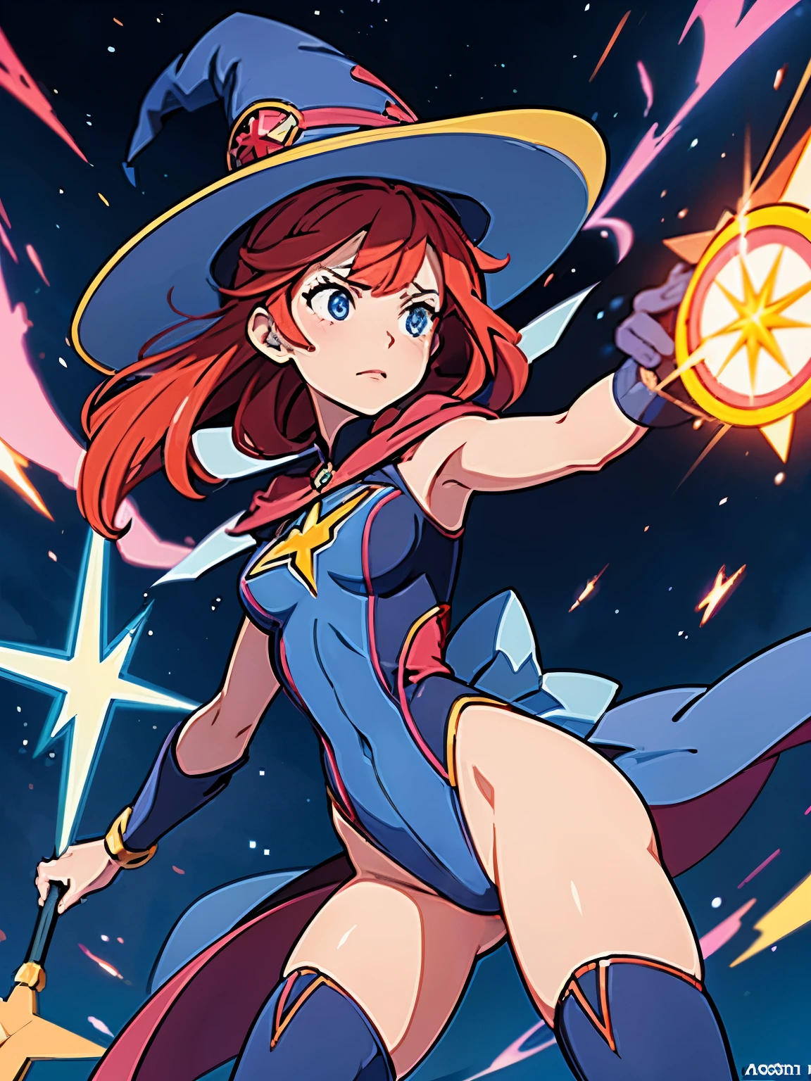 a cartoon of a woman dressed in a superhero costume holding a wand, witch academia, superhero sorceress witch, glamorous angewoman digimon, sky witch, by Aguri Uchida, maya ali as a lightning mage, (leotard, bare legs, thighhighs), witch hat, red hair, blue eyes, age 16-18, solo, solo_foucs, fan art, official fanart, official concept art, ecchi anime style, wonder, fanart, concept art!!