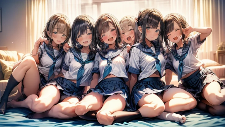 nswf:1.3,(masterpiece: 1.2, highest quality, masterpiece, Clearer images), (bright colors), ((Take clear photos even from a distance)), (multiple girls), (Harem), (School classmates), (((All school uniforms have the same design))), (((Everyone is wearing the same dark blue skirt))), (()), ((prostitution婦)), (prostitution宿, on the bed), (cute Japanese((6 girls))), (((infant&#39;face))), ((group shot)), (group selfie), ((buttocks visible from thighs))、 (Full body diagram from head to toe), front, frontやや下からの構図, symmetry, 18 year old tall girl, alone, (whole body from head to toe),wide angle, soft light, ((((laugh with your mouth wide open)))), (slightly larger breasts), ((prostitution)), (lure), ((viewers love it)), (((A lot of hearts are flying))), landscape、(((show panties:1.6)))、((((spread legs:1.5)))、((female masturbation:1.8))、((Chest grab:1.3)),(((good lift:1.2)))、(skirt lift:1.3) 、closed one eye、stick one out&#39;&#39;s crotch、((youth))、black tights、black stockings、black pantyhose、((((sitting, get your knees up))))