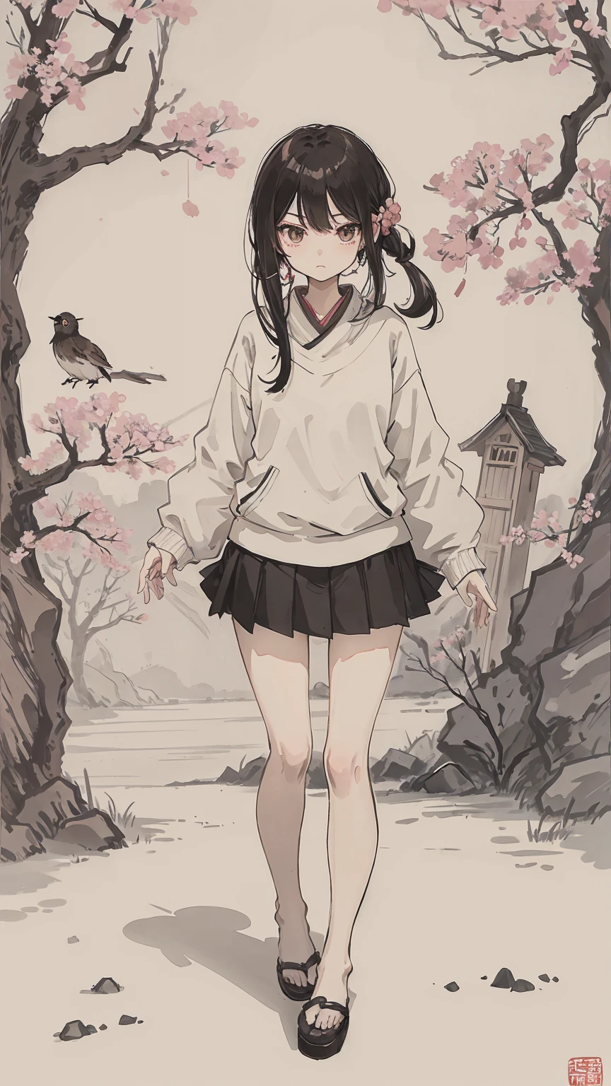 sparrow, black hair girl, wearing a sweater, black skirt, medium hair, headphone, Because I&#39;m slender, teen, serious face, Japanese high school girl. She stands at the shrine,cherry blossoms