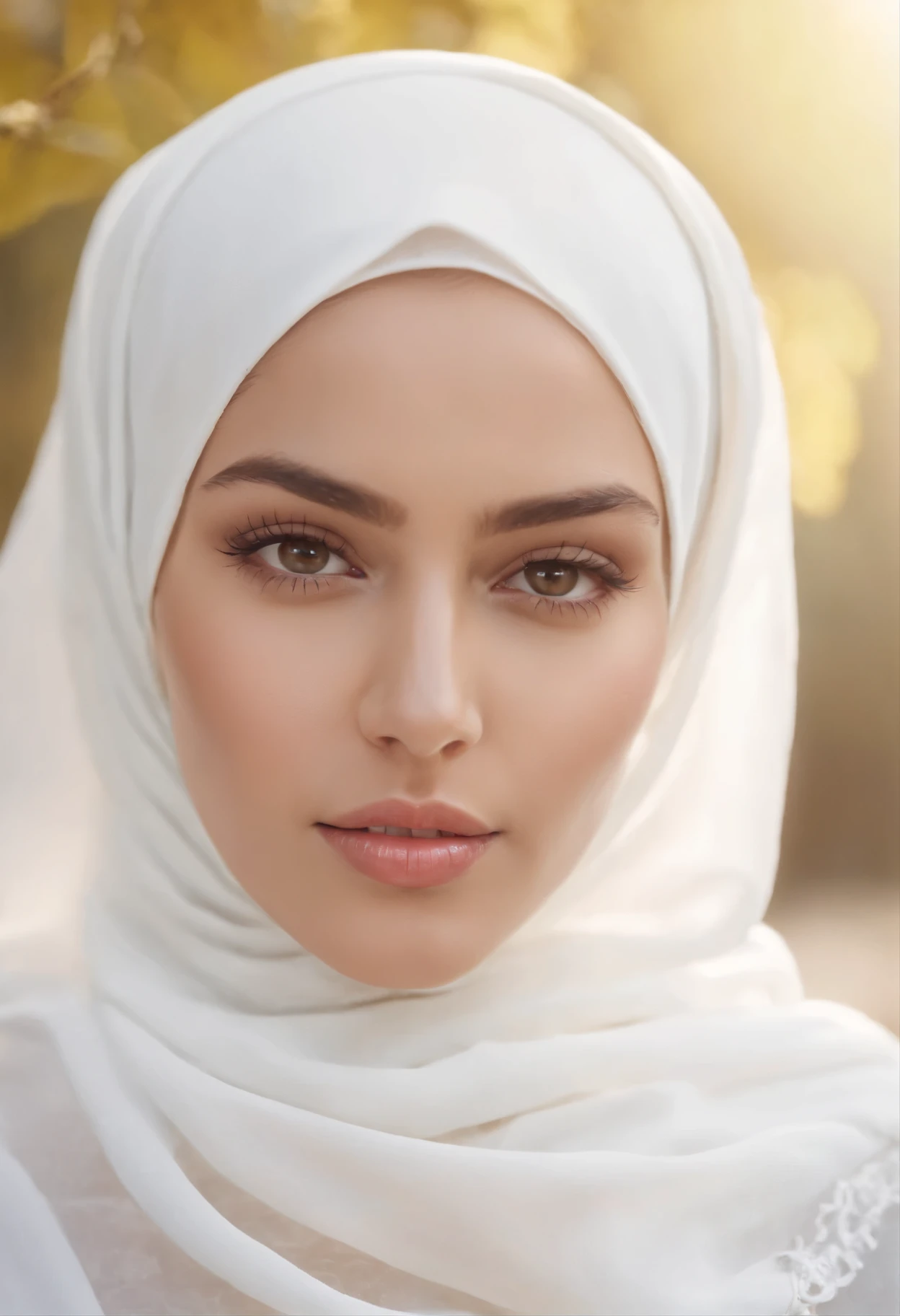 A beautiful girl wearing white hijab in sunny day,