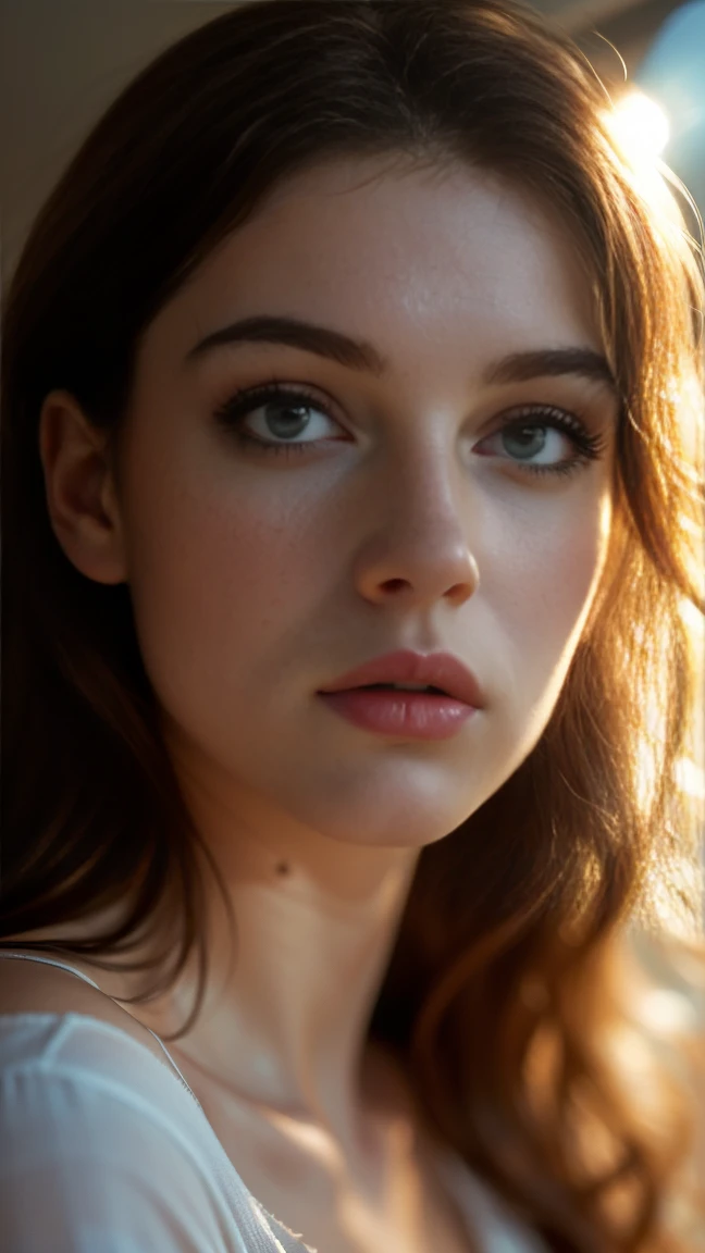 (((ultra realistic))) Photo, masterpiece, top quality, (pale skin), (Ultra detailed face and eyes:1.3), 1 girl, Adult, in a T-shirt, full body, (Eye makeup, mascara) , ((large detailed lips)), ((ash wavy hair)), ((Chyolka)) , (big breasts), Slim waist. ((Posing)), photoshoot, studio (soft lighting), (The play of light and shadows), depth of field, bokeh, (special attention to skin detail: 1.2), Detailed leather texture, skin pores. (Airy atmosphere of the frame. Color range - delicate, Bright, white, Pink tones), UDR, ((Film grain)), ((rays)), ((glare of the sun)), ((waist up portrait, close to the camera)) , ultra detailed,