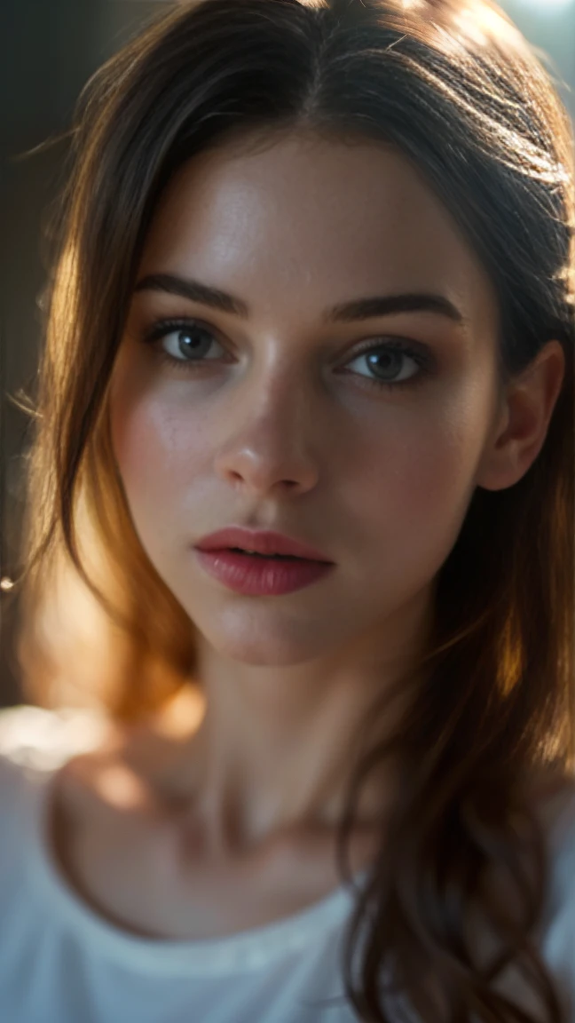 (((ultra realistic))) Photo, masterpiece, top quality, (pale skin), (Ultra detailed face and eyes:1.3), 1 girl, Adult, in a T-shirt, full body, (Eye makeup, mascara) , ((large detailed lips)), ((ash wavy hair)), ((Chyolka)) , (big breasts), Slim waist. ((Posing)), photoshoot, studio (soft lighting), (The play of light and shadows), depth of field, bokeh, (special attention to skin detail: 1.2), Detailed leather texture, skin pores. (Airy atmosphere of the frame. Color range - delicate, Bright, white, Pink tones), UDR, ((Film grain)), ((rays)), ((glare of the sun)), ((waist up portrait, close to the camera)) , ultra detailed, 
