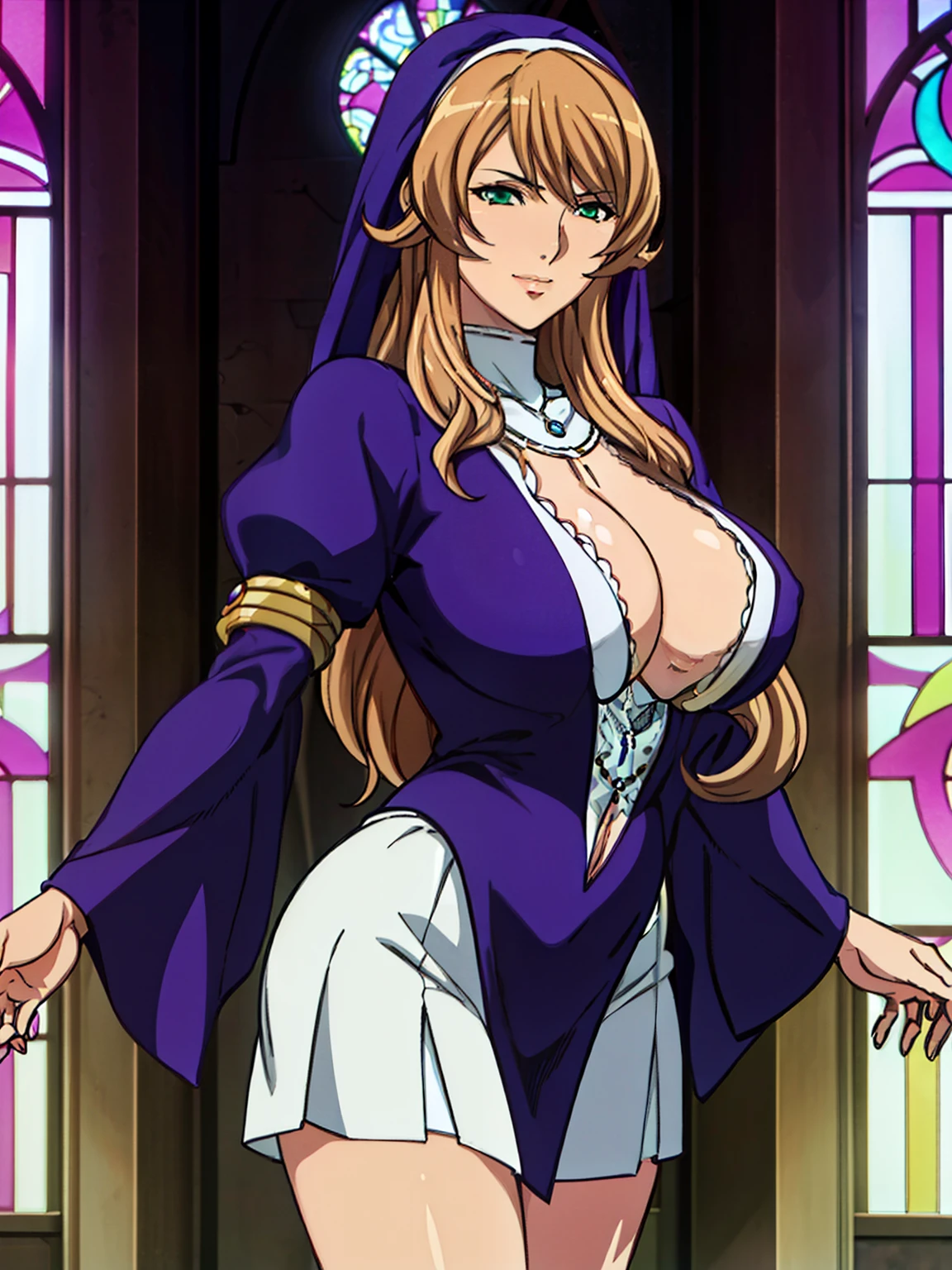 (stained glass),vitril, purple outfit, puffy sleeves, cleavage cutout, cleavage, nun, jewelry, necklace, (cathedral background), Sigui, mature woman, anime cels style, best quality, high resolution, 1girl, (huge breasts:1.2), beautiful face, Beautiful Finger, Beautiful long legs, Beautiful body, Beautiful Nose,Beautiful character design, long hair, brown hair, Bangs, green eyes, purple cape on her head, (cowboy shot), smiling, looking at viewer