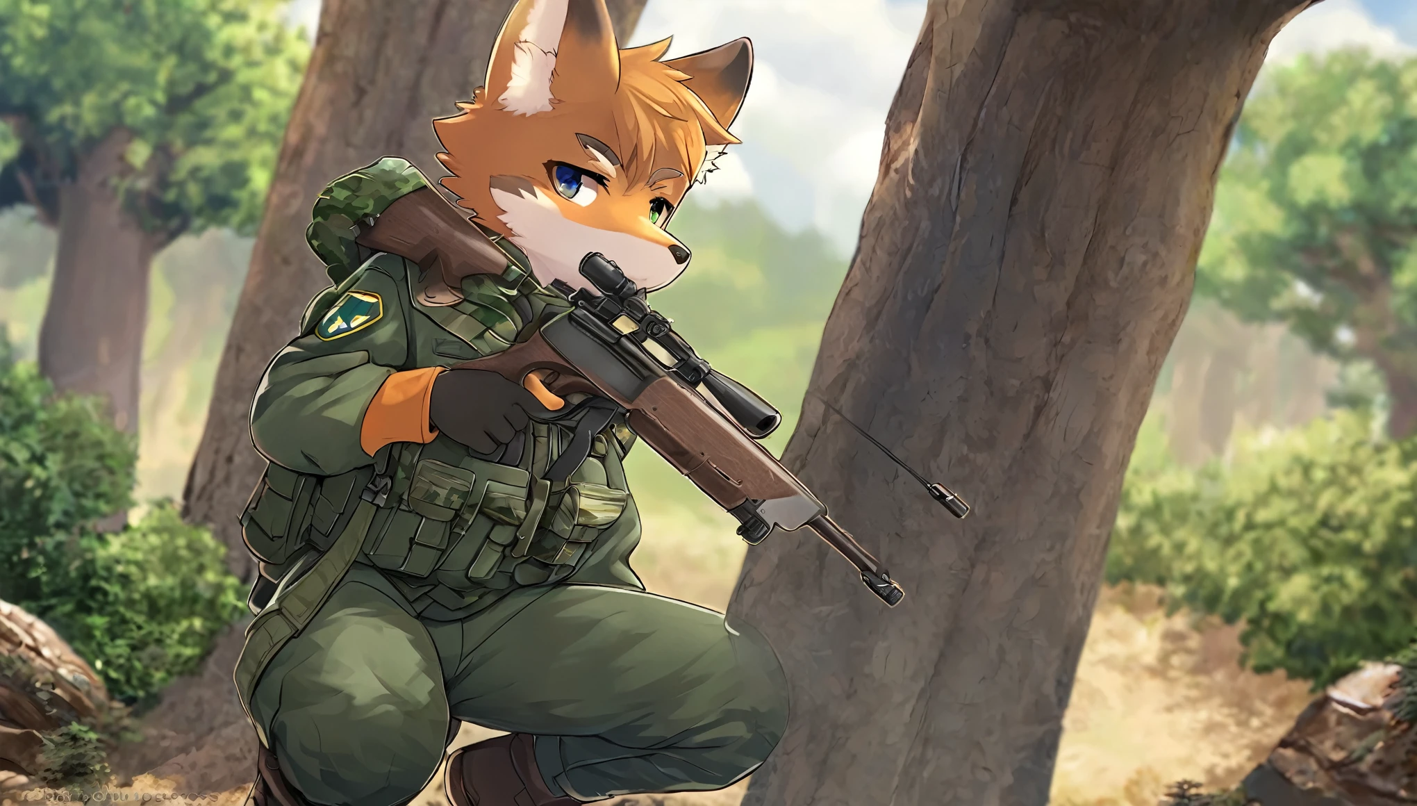 frame of trading card, UI Marks on the upper right and left bottom of the cygames style card.dark and green tone. small anthro kemono fox Scout is crouching behind a tree and aiming his sniper rifle at a distant target. He is dressed in a camouflaged jacket and pants,with a bulletproof vest. meticulous post-war military scenes, soft-focus technique