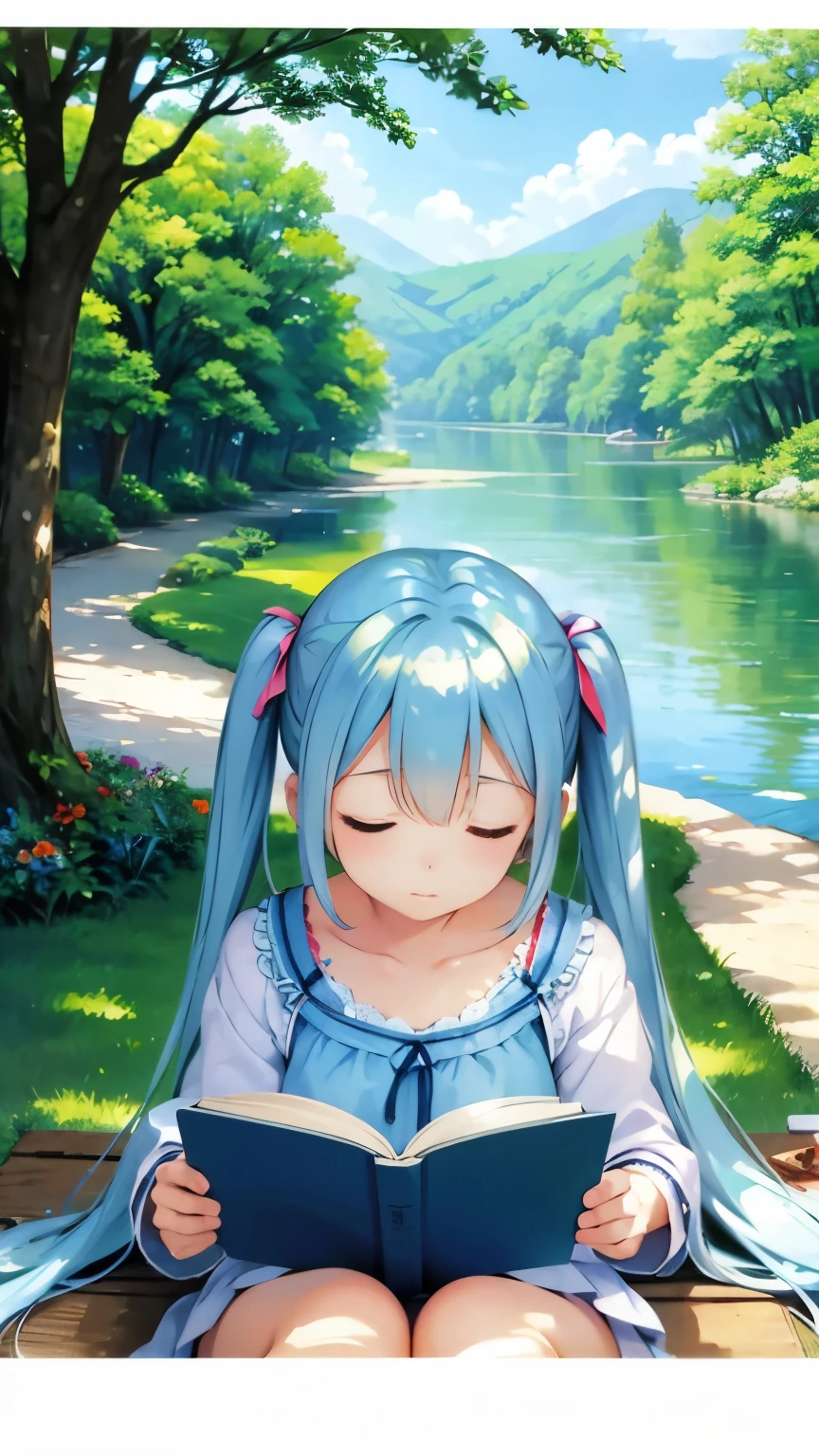 Long light blue hair, twin tails, daytime when the sun shines down, dozing off while reading a book in the shade of a tree, eyes closed, sleeping, napping, flowers and birds, river and lake in the background