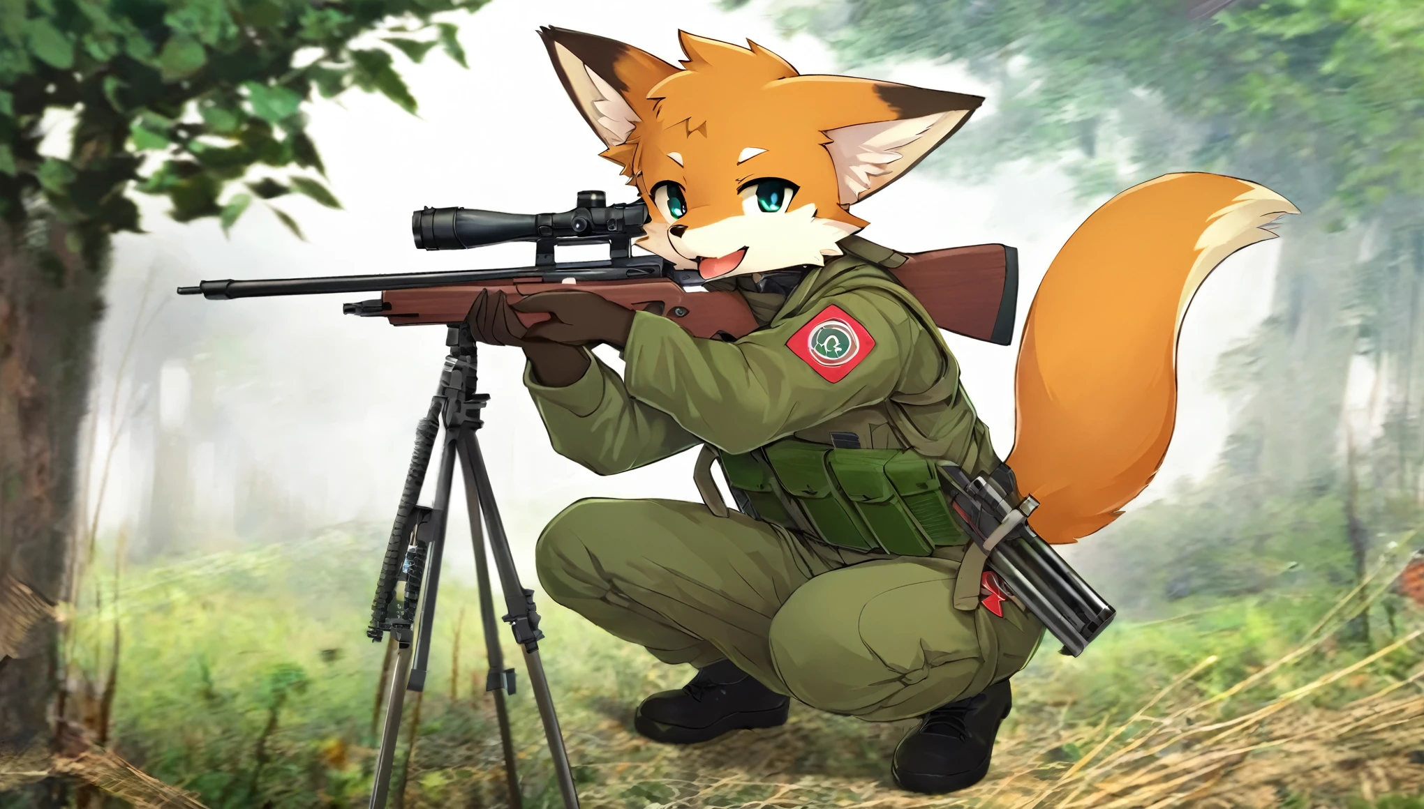 frame of trading card, UI Marks on the upper right and left bottom of the cygames style card.dark and green tone. 14 years old small anthro kemono fox Scout is crouching behind a tree and aiming his sniper rifle at a distant target. He is dressed in a camouflaged jacket and pants,with a bulletproof vest. meticulous post-war military scenes, soft-focus technique