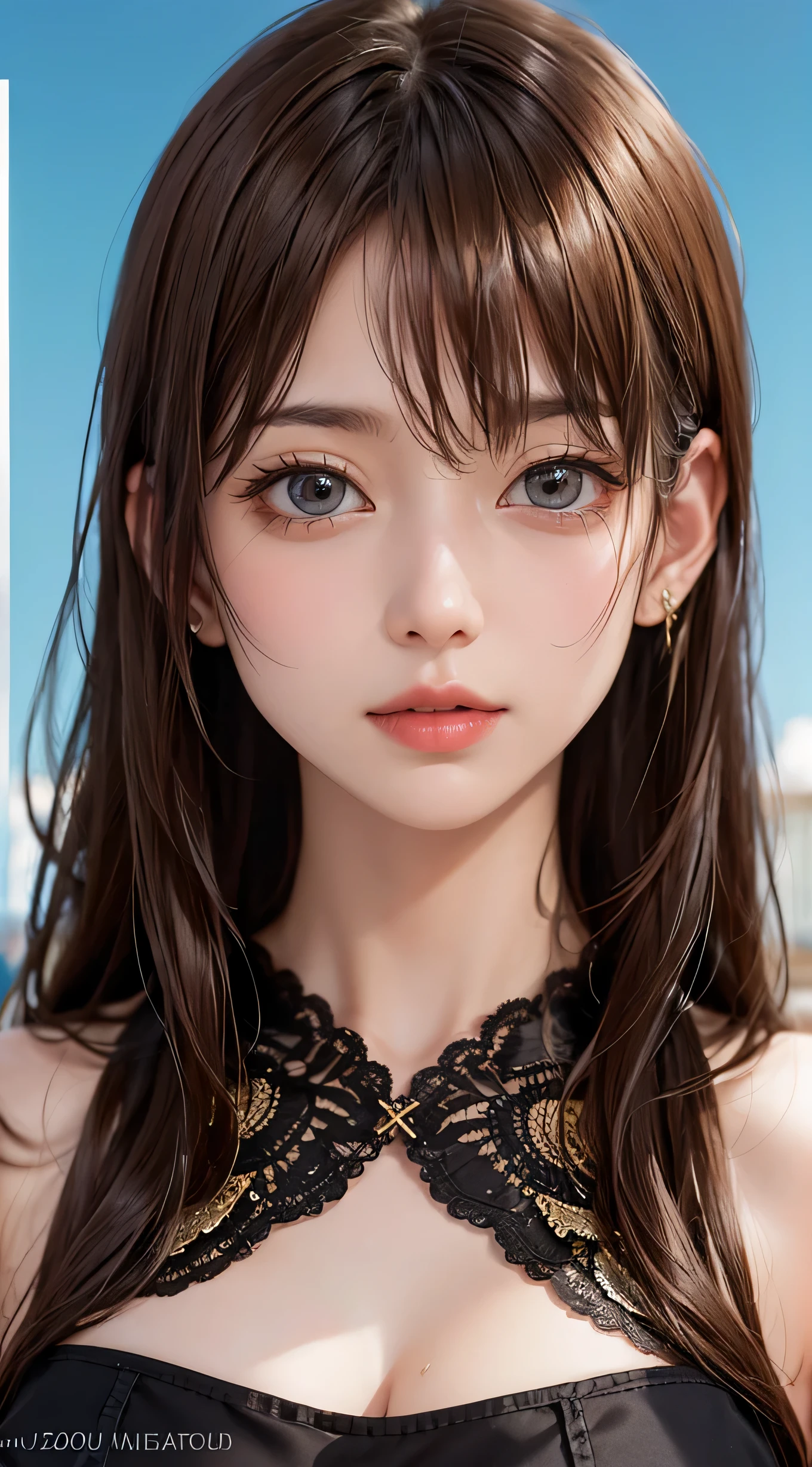 need,masterpiece,light brown hair,A cup breasts,outdoor,Blue sky,roof of the building,8K,white blouse,