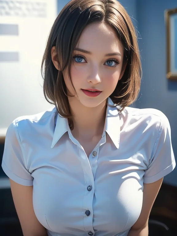 (best quality, 8k, highres, photorealistic:2.0), (solo, one girl:2.0),(photo taken using flash:1.9),(brighten the subject:1.8),(ultimate beautiful girl:2.0),(shiny skin),(oily skin),(blonde hair:1.5),(short hairstyle:1.5),(cool beauty:2.0),Blush brown makeup , dark eye makeup , use pink glossy lipstick,(big beady eyes girl:1.5),(droopy-eyes girl:1.5),(blue eyes:1.5),(thin girl:1.5),(baby face girl),(sex appeal),(sweet smelling girl),(Photographed at the Museum of Modern Art:1.8),(A girl who works part-time at an art museum:1.3),(she works for low wages:1.5),(kind-hearted woman:1.5),(she has a nice smile:1.3),(woman with a happy look:1.3),(she is very sociable),(from a very poor family:1.5),(virgin girl),(She is a secret pervert.),(she covertly lewd),(she looks so erotic),(Preserve virginity for devout Christians),chuuChloe,(A woman with very soft breasts),(woman fantasizing about sex),(allurement),(I love masturbating),(impressive eyes:1.5),(clean girl),(affability),(tight dress shirt),