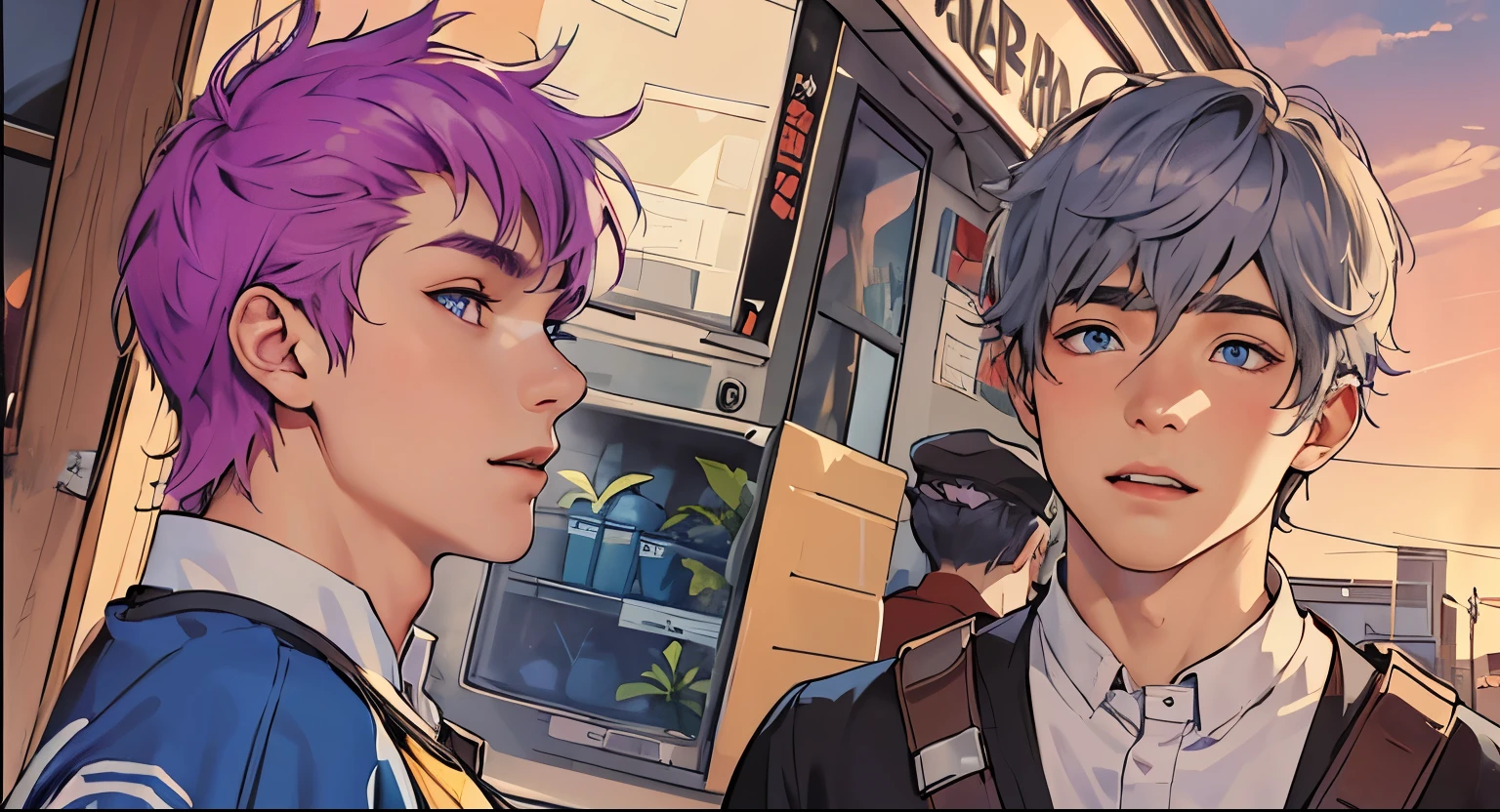 two cute 16 year old boys, purple hair and gray hair, big blue eyes