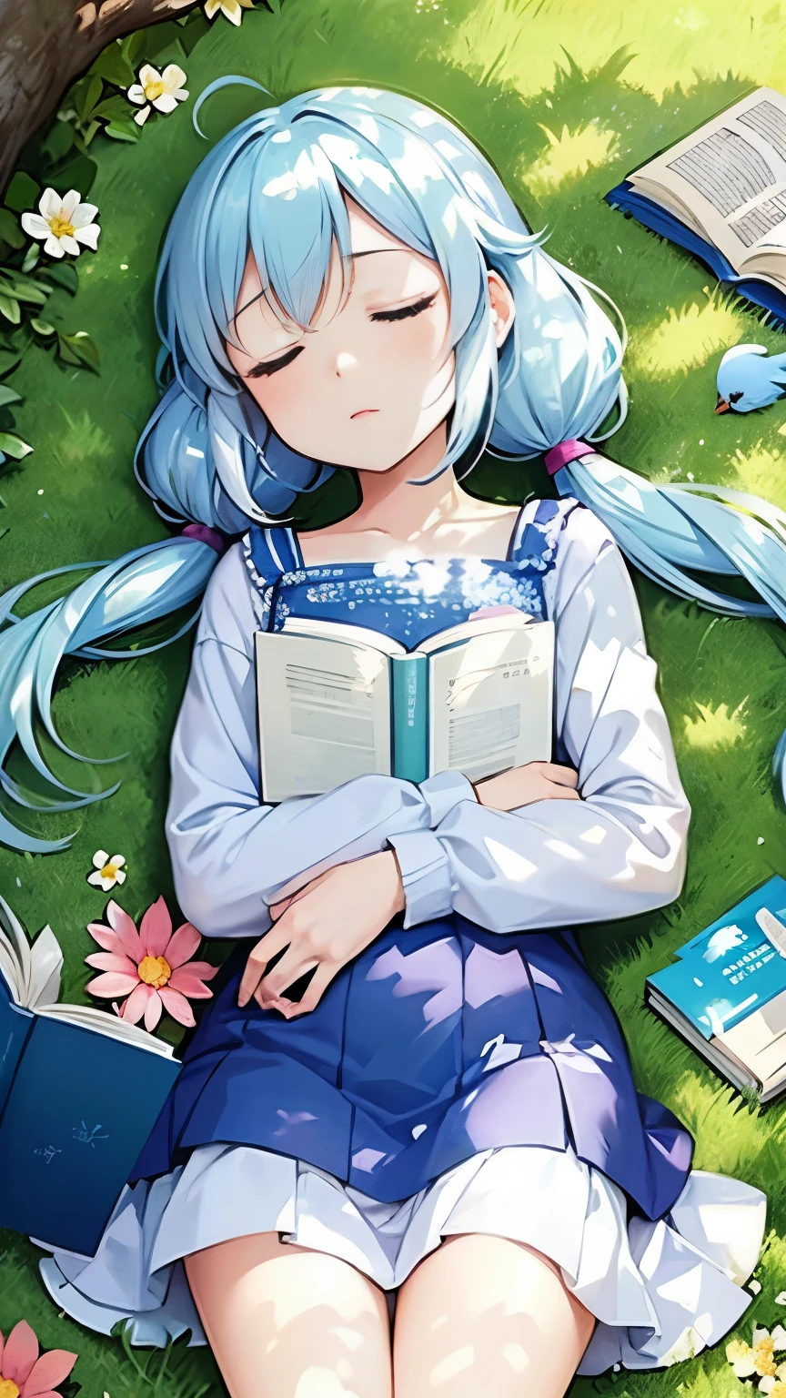 Long light blue hair, twin tails, daytime when the sun shines down, dozing off while reading a book in the shade of a tree, eyes closed, sleeping, napping, flowers and birds, river and lake in the background