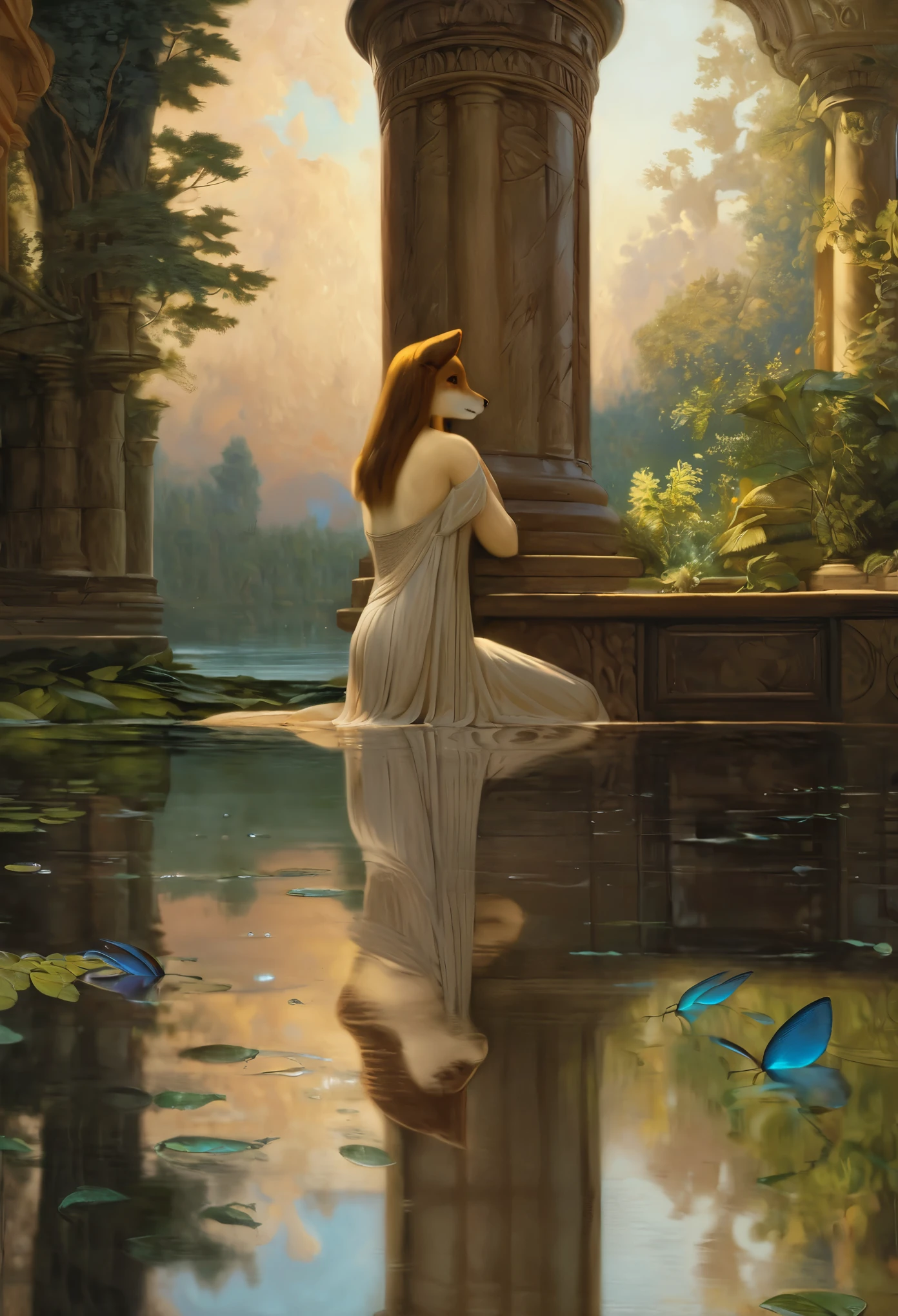 High-quality illustrations by John William Waterhouse, by Johannes Vermeer, wallpaper, summer, lake, dawn, forest, detailed forest, clouds, masterpiece, cinematic, soft light, depth of field, ray tracing, reflection in water, realism, ultra detailed, nymph, fairy, Mysterious and romantic atmosphere, luxurious embellishments, intricate details, (surrounded cistern, transparent aquarium, caustics surface)(reflecting, refraction, polarization:1.2)(highly detailed beautiful face and eyes)absurdres, perfect anatomy(handsome 1boy, kemono, solo focus)(furry)(furry anthro:1.7)(Furry body, dog facial features, dog body features)(very detailed body fur)fragility, reflections in mirrors and water surfaces, realistic visual effects, soft and delicate color palette, dramatic composition,