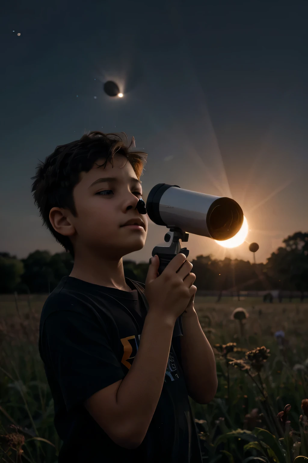 boy looking at the solar eclipse with a telescope