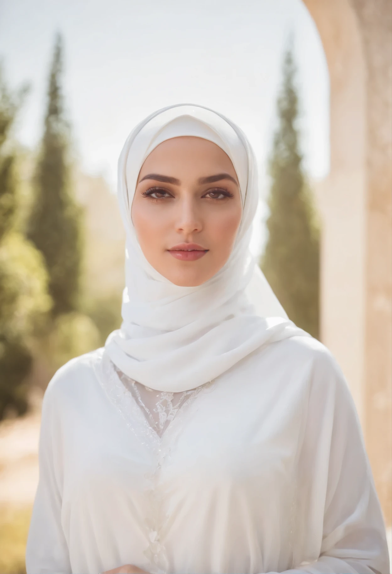 A beautiful girl wearing white hijab in sunny day, full body, with abaya