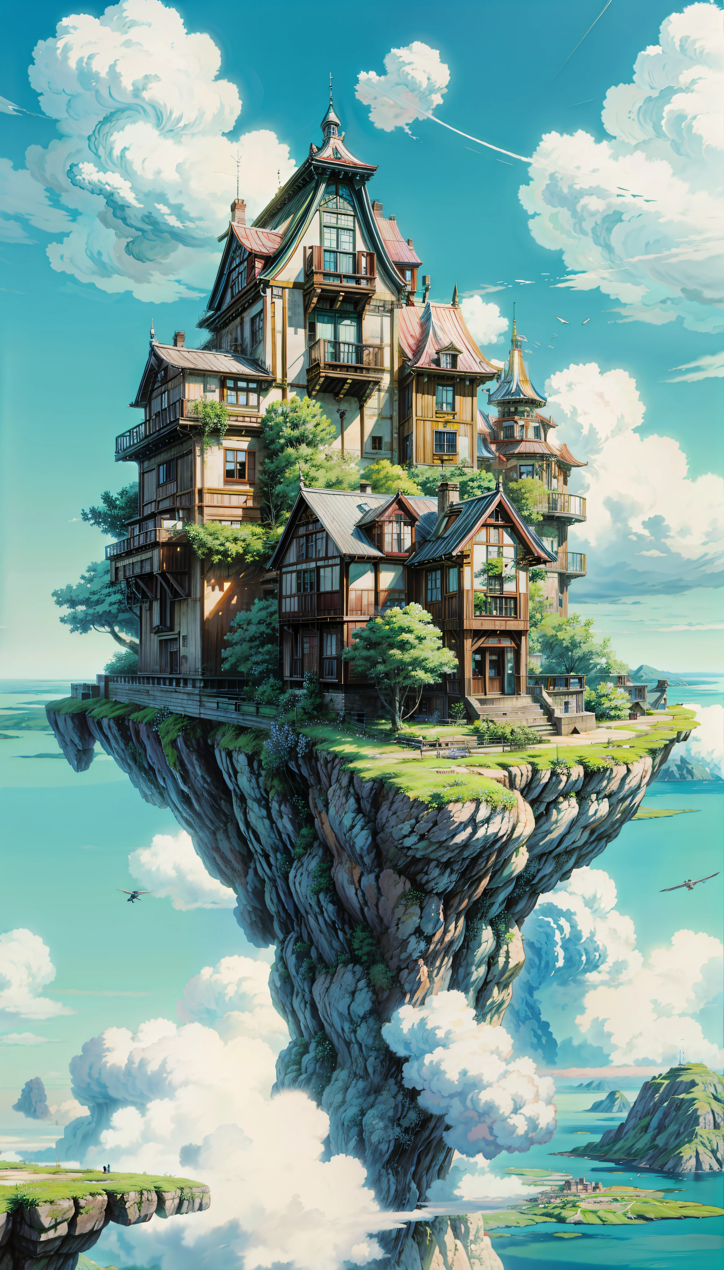 a painting of a building in the clouds, flying building in the sky, de janeiro in an anime film, saturated, greenery, flowers, Meadows, sky island, building in the sky, house in the sky style, style of hayao miyazaki, cinematic studio ghibli still, flying cloud house, beautifull puffy clouds. anime, anime vfx, 2. 5 d cgi anime fantasy artwork, dreamy psychedelic anime, anime background art