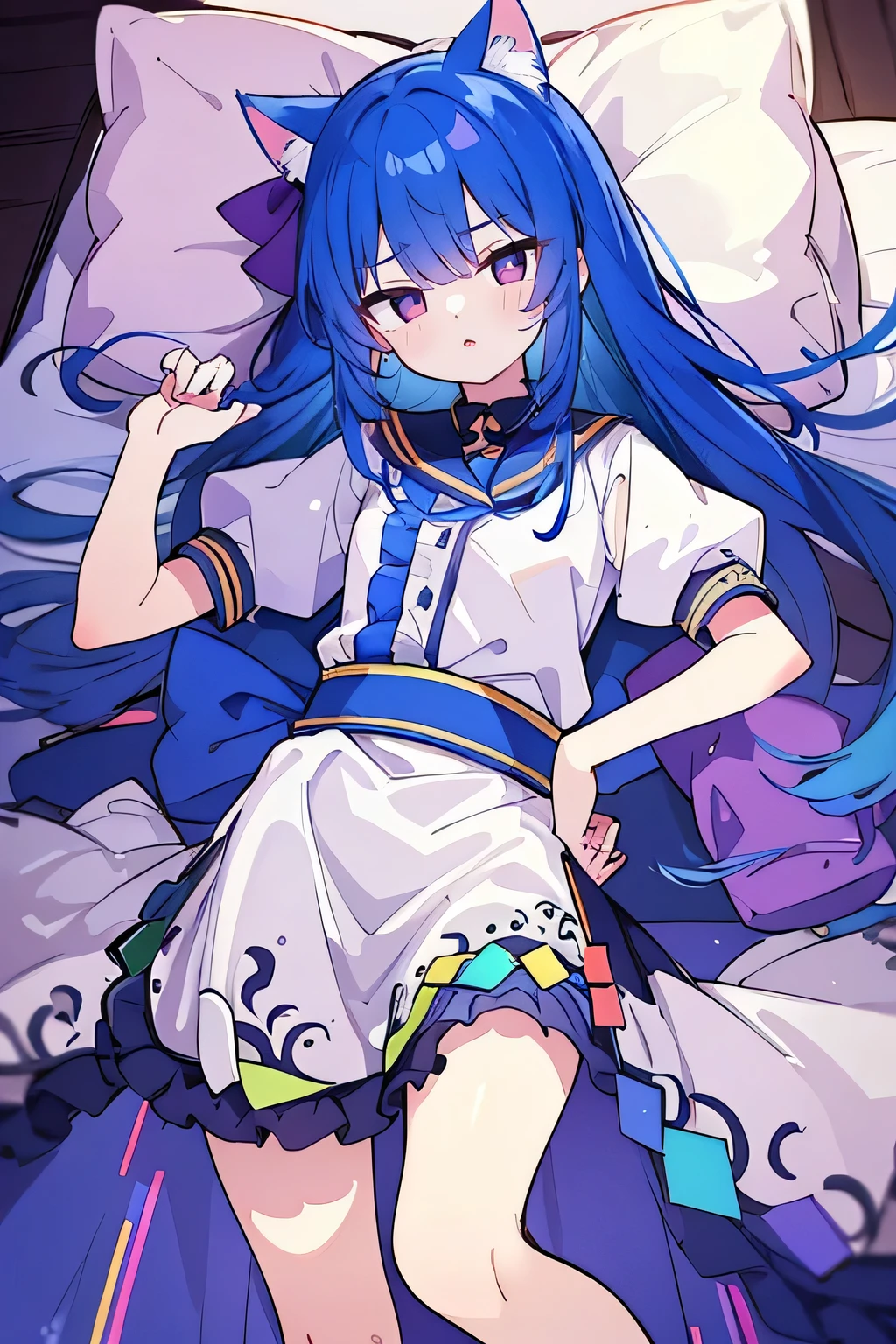 (Masterpiece), best quality, expressive eyes, perfect face, 1girl,
 Put your hands on your waist, fair, gorgeous, Japanese comics, girl, Lola, young angel, blue hair, blue hair, flowing clothes, hug the waist, hug the waist, hands on hips, hands on hips, lay down , lying on the ground, legs on the ground, flat chest, cat ears