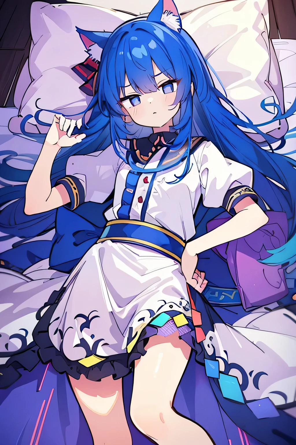 (Masterpiece), best quality, expressive eyes, perfect face, 1girl,
Put your hands on your waist, fair, gorgeous, Japanese comics, girl, Lola, young angel, blue hair, blue hair, flowing clothes, hug the waist, hug the waist, hands on hips, hands on hips, lay down , lying on the ground, legs on the ground, flat chest, cat ears