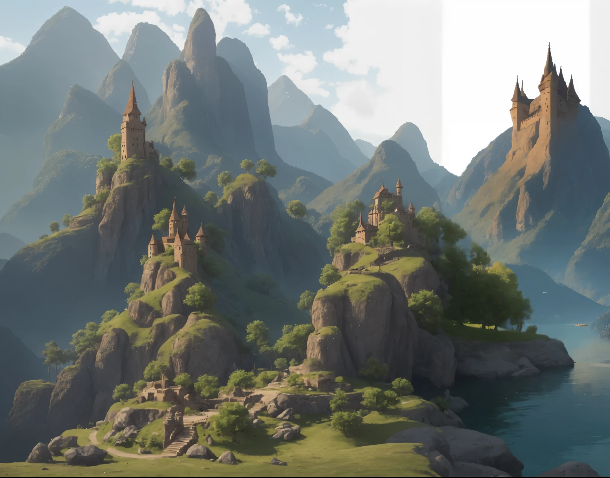 massive castle and intricately designed kingdom structures, green forest, mountain, viewed from a low angle shot, granting a ground-level perspective and a miniature effect. Basked in the warm light of a bright day, a clear sky, blue sky, saturated sky, (cloudless:1), Ultra-detailed, realistic rendering, best quality, 4K, HDR, sharp focus, physically-based rendering, vibrant colors, dynamic light and shadow. panorama, horizon, masterpiece,