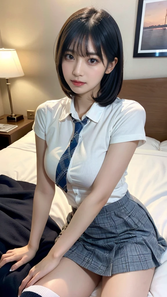 muste piece, best quality, illustration, Super detailed, fine details, High resolution, 8K,wall paper, perfect dynamic composition,(Details High quality, realistic depiction of eyes:1.3), Short mini skirt with gray plaid pattern、White short-sleeved uniform and high socks、(Dark blue tie), short bob hair、black hair color, Big Natural Color Lip, bold sexy pose, (perfect body shape), crying a little、cold gaze, Harajuku style、20 year old girl、cute type、ta、beautiful legs, hotel room, hposing Gravure Idol, Voluptuous thighs