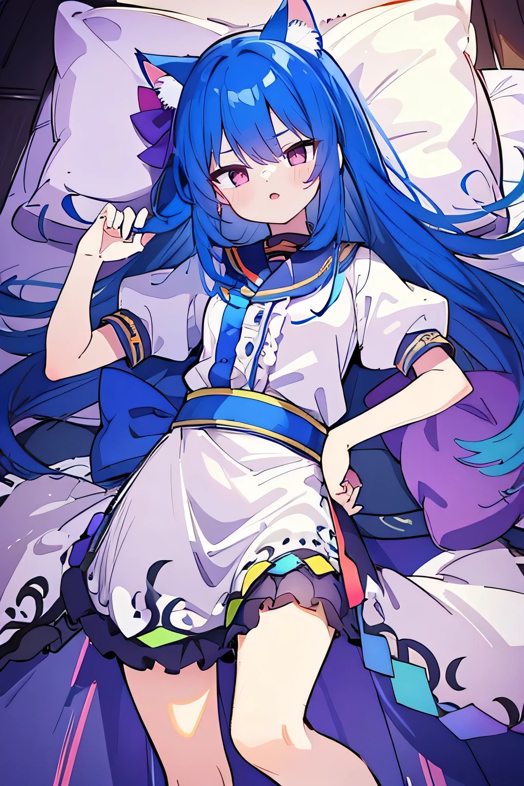 (Masterpiece), best quality, expressive eyes, perfect face, 1girl,
Put your hands on your waist, fair, gorgeous, Japanese comics, girl, Lola, young angel, blue hair, blue hair, flowing clothes, hug the waist, hug the waist, hands on hips, hands on hips, lay down , lying on the ground, legs on the ground, flat chest, cat ears