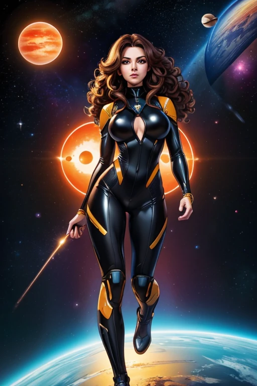 best quality, masterpiece, woman space super hero, full body,hi-tech vest over black latex suit, long curly hair,floating in deep space, with several planets and suns in the background